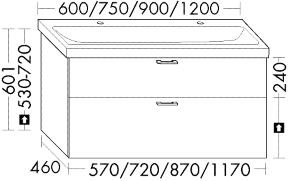 Waschtischunterschrank Sys30 von burgbad - 460x870x601 mm, 1 Schublade oben (300 mm tief), 1 Auszug unten (350 mm tief), mit Siphonausschnitt