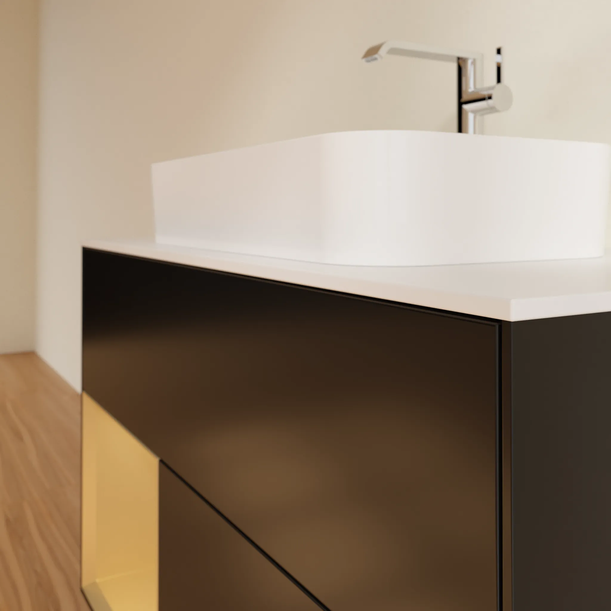 Villeroy & Boch Waschbeckenunterschrank Finion F24, 1000x603x501 mm, Black Matt Lacquer mit Gold Regal, Beleuchtung dimmbar, Push-to-open, SoftClosing
