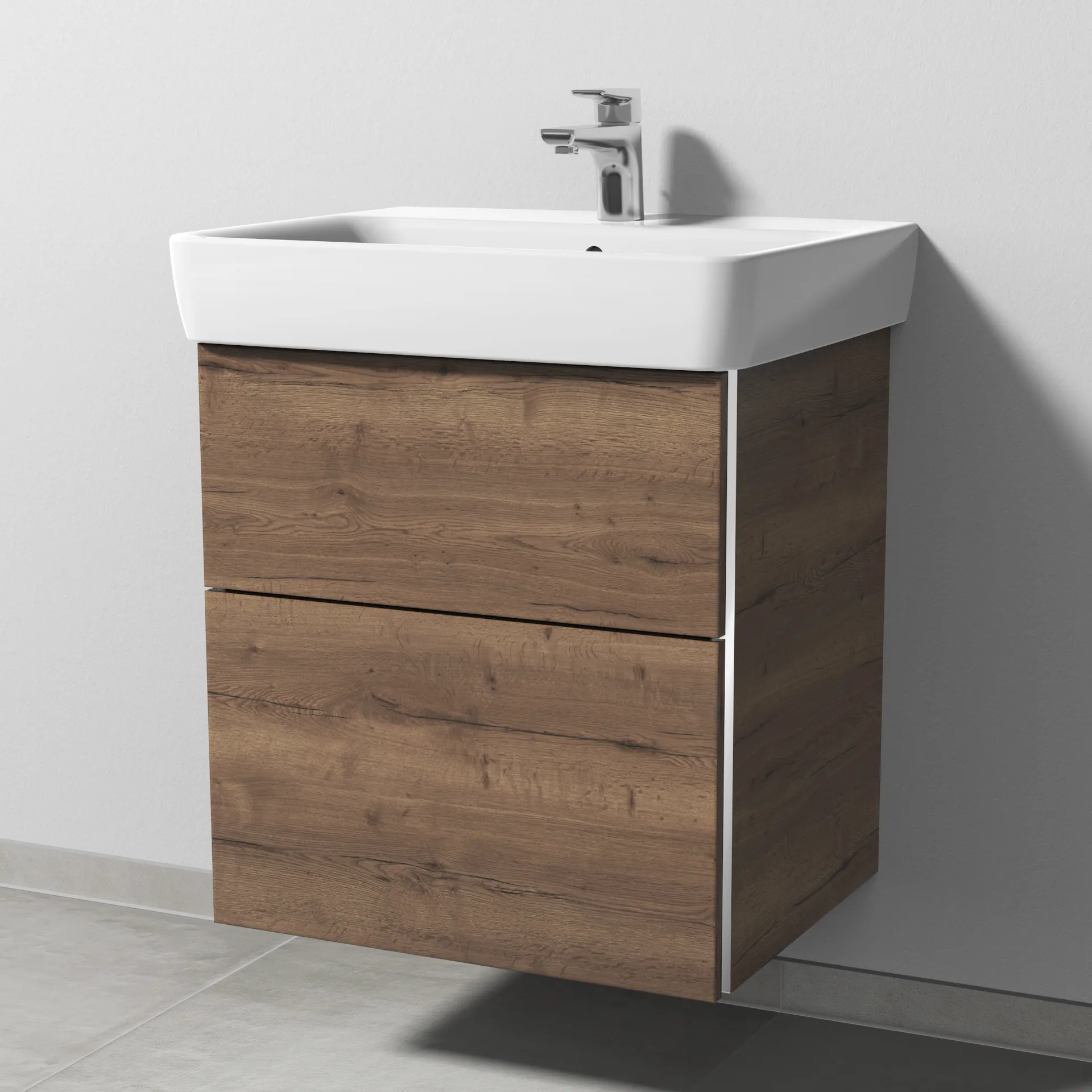 Sanipa Waschtischunterschrank „3way“ passend zu Keramik-Waschtische Renova Plan von Geberit 540 × 588 × 447 mm in Eiche Tabak, Becken mittig