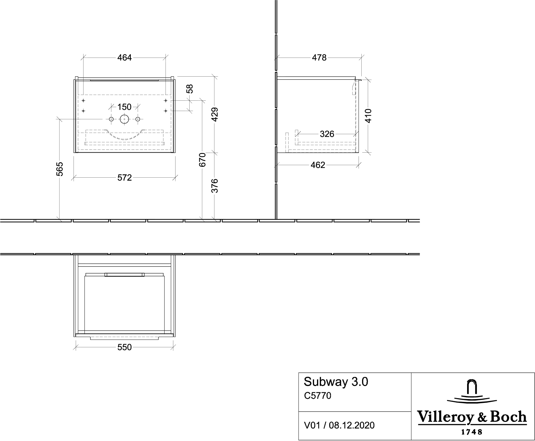 Villeroy & Boch Subway 3.0 Waschbeckenunterschrank C57700 572x429x478mm Graphite