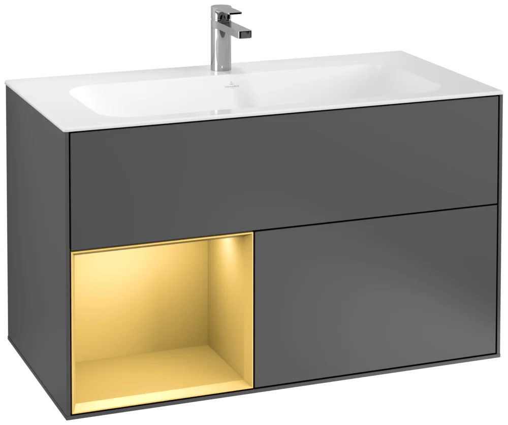 Villeroy & Boch Waschbeckenunterschrank Finion F03, Anthracite Matt Lacquer mit Gold Regal, 996x591x498 mm, mit Beleuchtung und Push-to-open Funktion