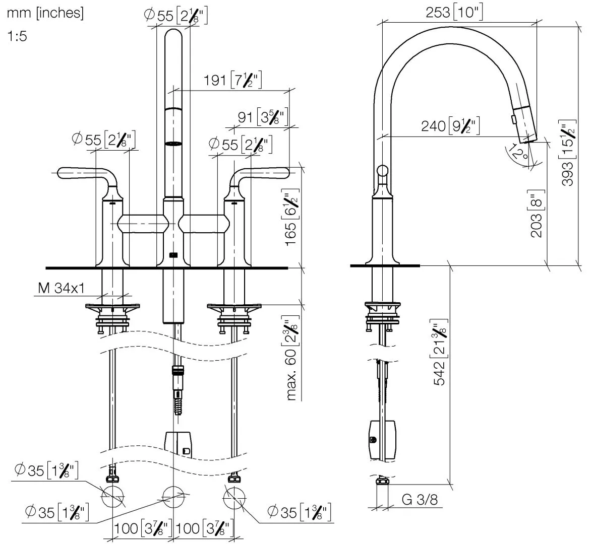 Dornbracht VAIA Dreiloch-Brückenbatterie Pull-down mit Brausefunktion - Chrom Dornbracht VAIA Dreiloch-Brückenbatterie Pull-down mit Brausefunktion - Chrom