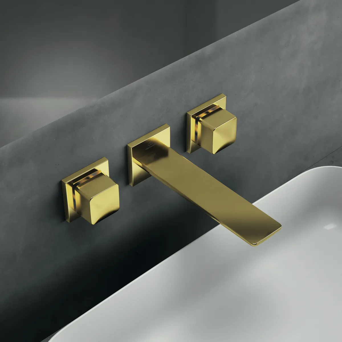 Wand-Waschtischarmatur Conca, Bausatz 2, eckige Rosetten, Ausladung 180mm, Brushed Gold Wand-Waschtischarmatur Conca, Bausatz 2, eckige Rosetten, Ausladung 180mm, Brushed Gold