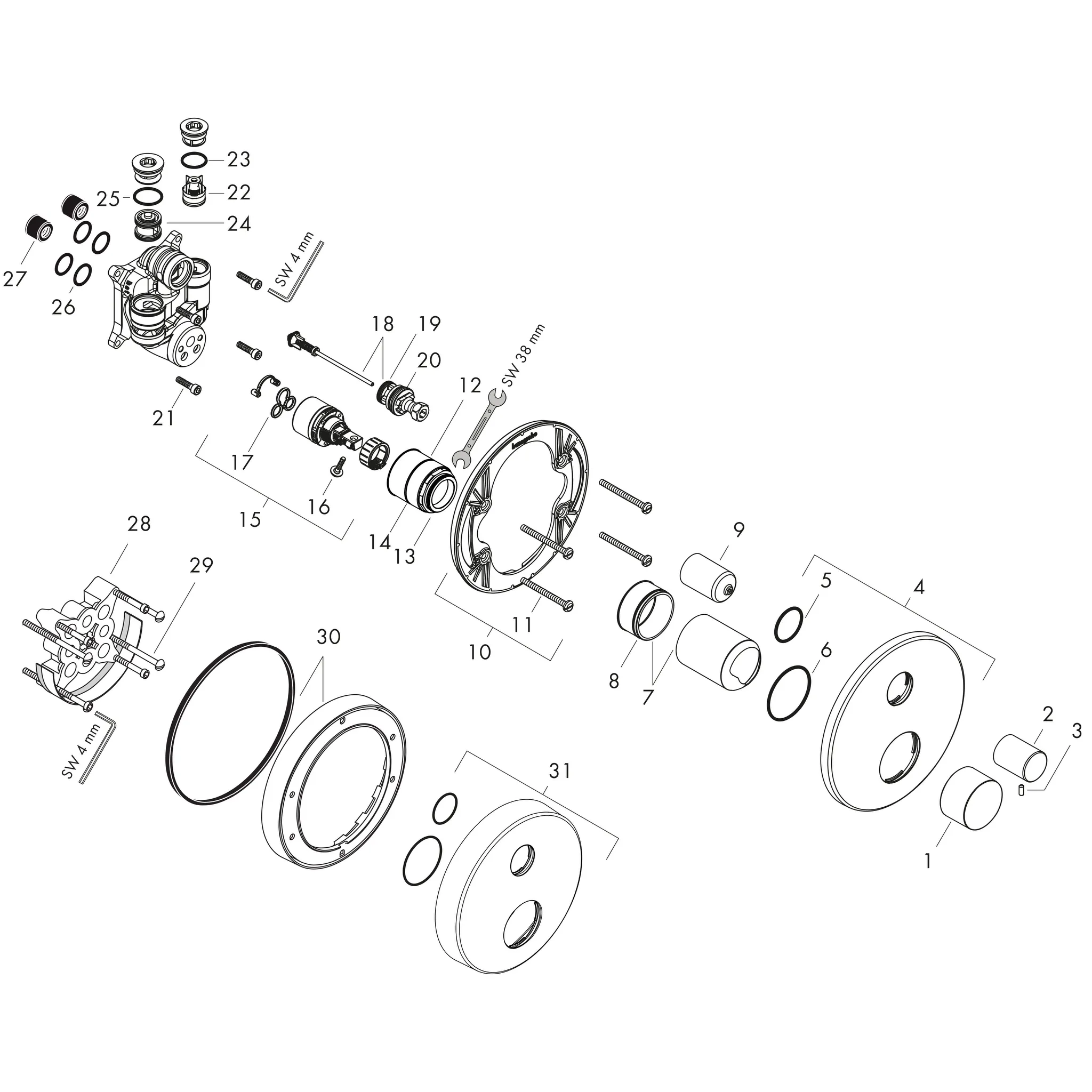 Wannenmischer Unterputz Axor Uno F-Set Zerogriff chr.m.Sicherungskombi.