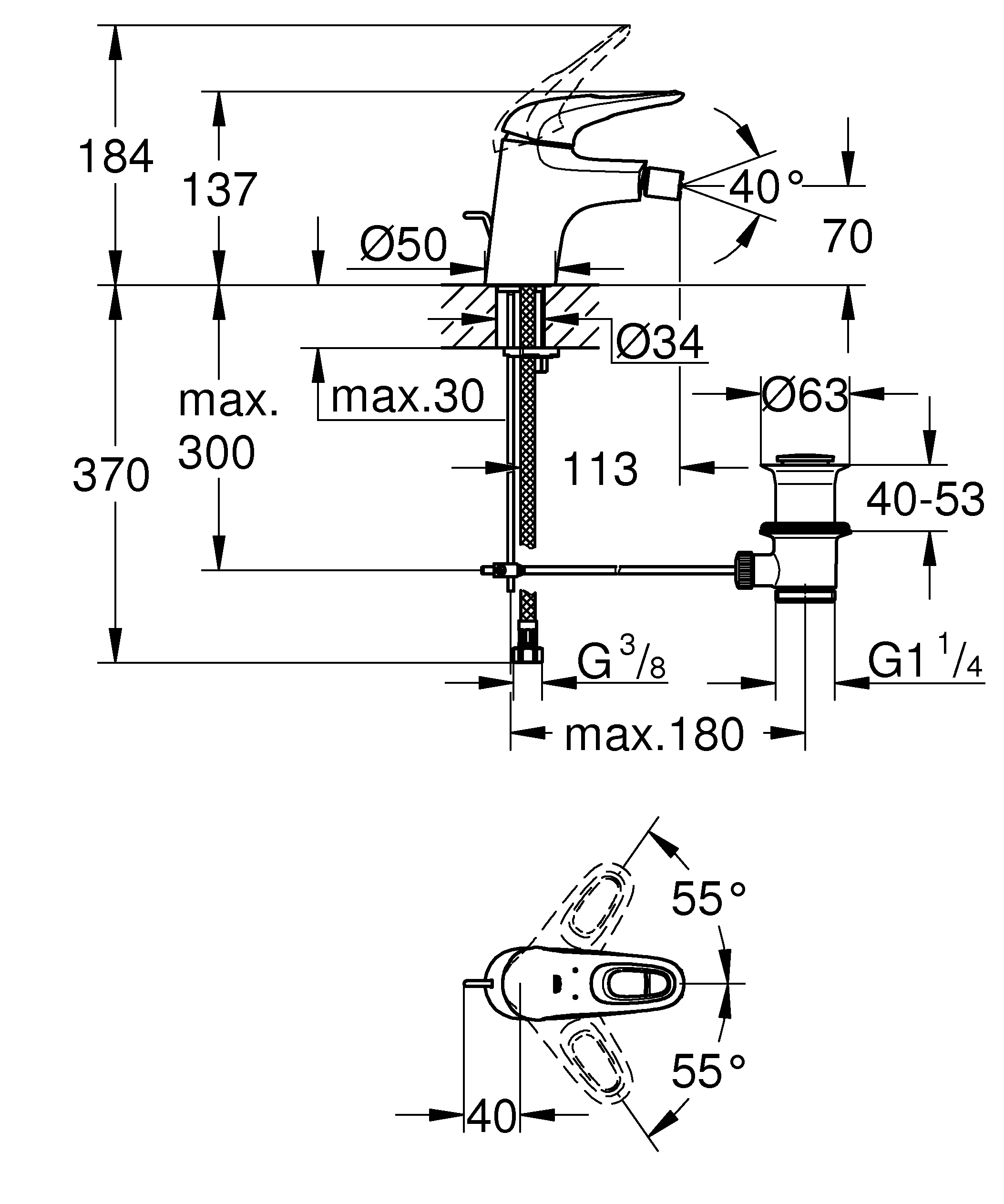 Einhand-Bidetbatterie Eurostyle 33565_3, Einlochmontage, Zugstangen-Ablaufgarnitur 1 1/4'', offener Metall-Hebelgriff, chrom