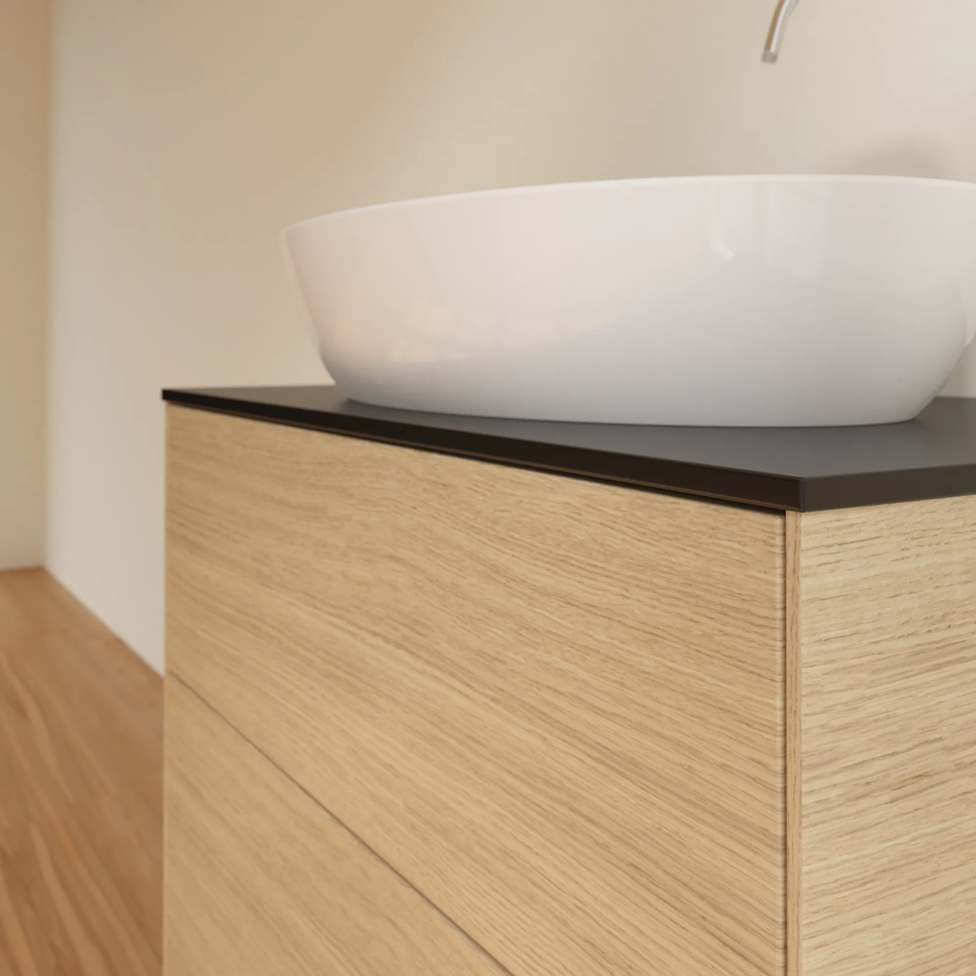 Villeroy & Boch Waschbeckenunterschrank Finion F87, Eckig Oak Veneer mit Glass Black Matt Abdeckplatte, 800x603x501mm, 48kg, Wandmontage, 2 Auszüge mit SoftClosing und Push-to-open Funktion Villeroy & Boch Waschbeckenunterschrank Finion F87, Eckig Oak Veneer mit Glass Black Matt Abdeckplatte, 800x603x501mm, 48kg, Wandmontage, 2 Auszüge mit SoftClosing und Push-to-open Funktion