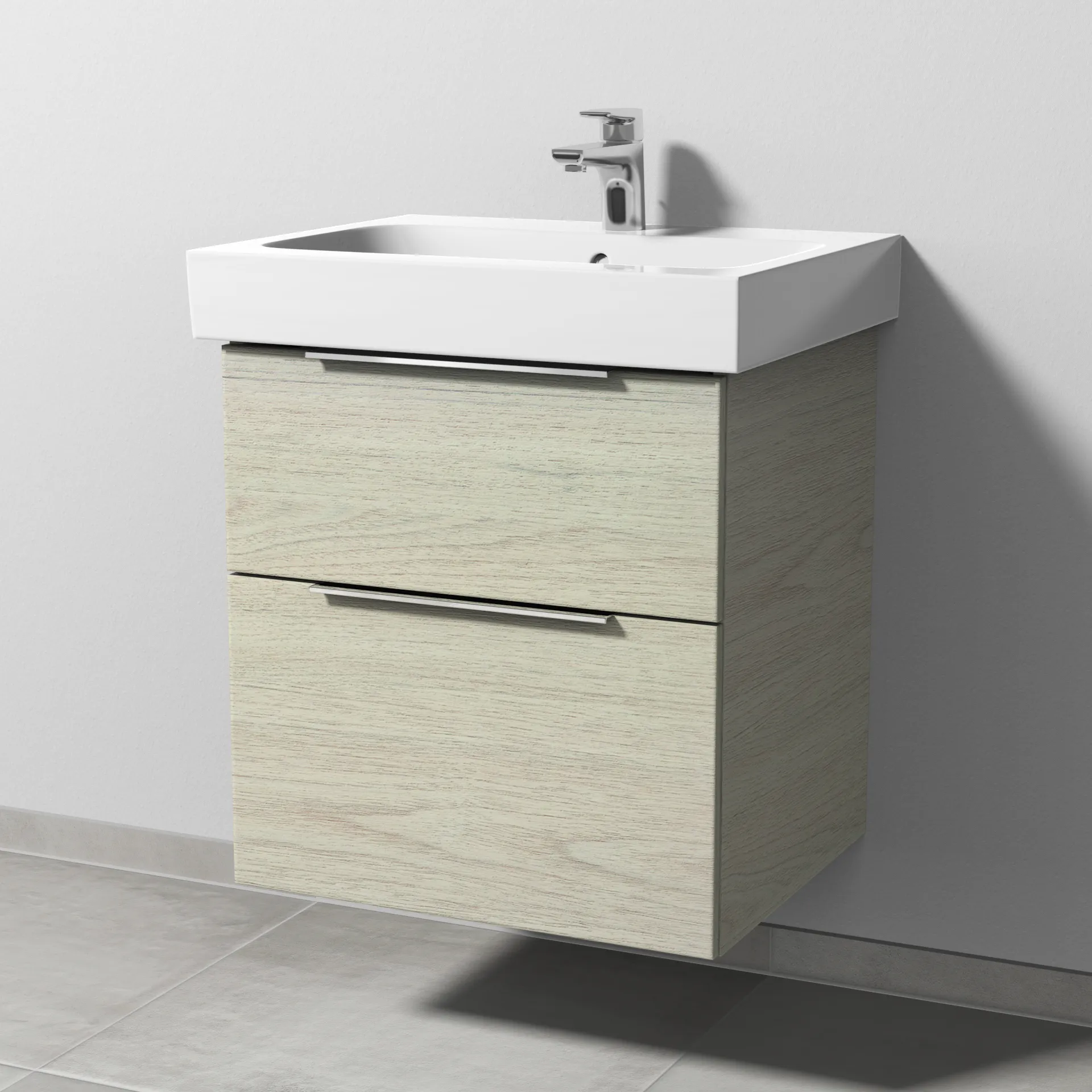 Sanipa Waschtischunterschrank „3way“ passend zu Keramik-Waschtische iCon von Geberit 550 × 593 × 462 mm in White Oak, Becken mittig