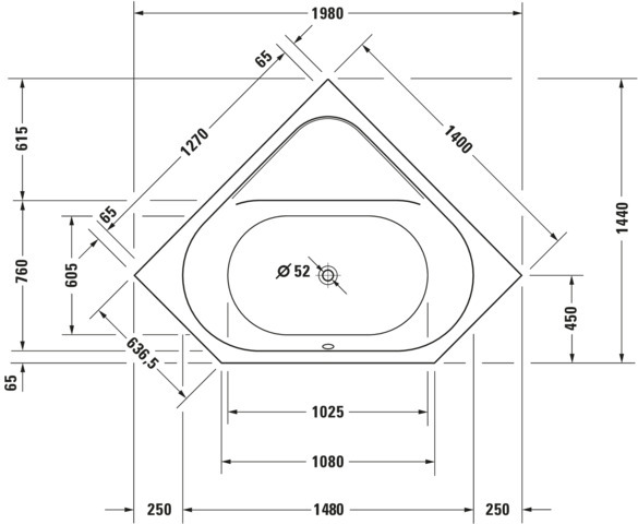 Duravit Badewanne „D-Code“ eck 140 × 140 cm, Mittelablauf 