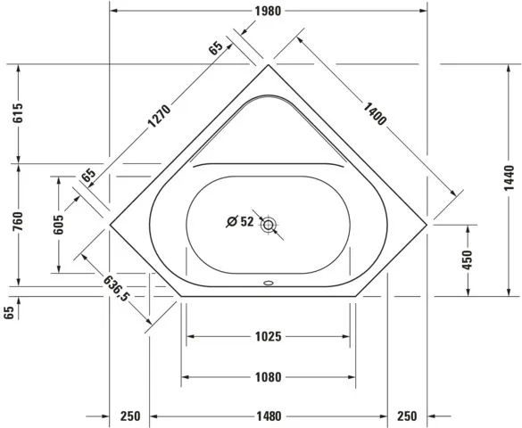 Duravit Badewanne „D-Code“ eck 1400 × 1400 mm, Mittelablauf in Weiß Duravit Badewanne „D-Code“ eck 1400 × 1400 mm, Mittelablauf in Weiß