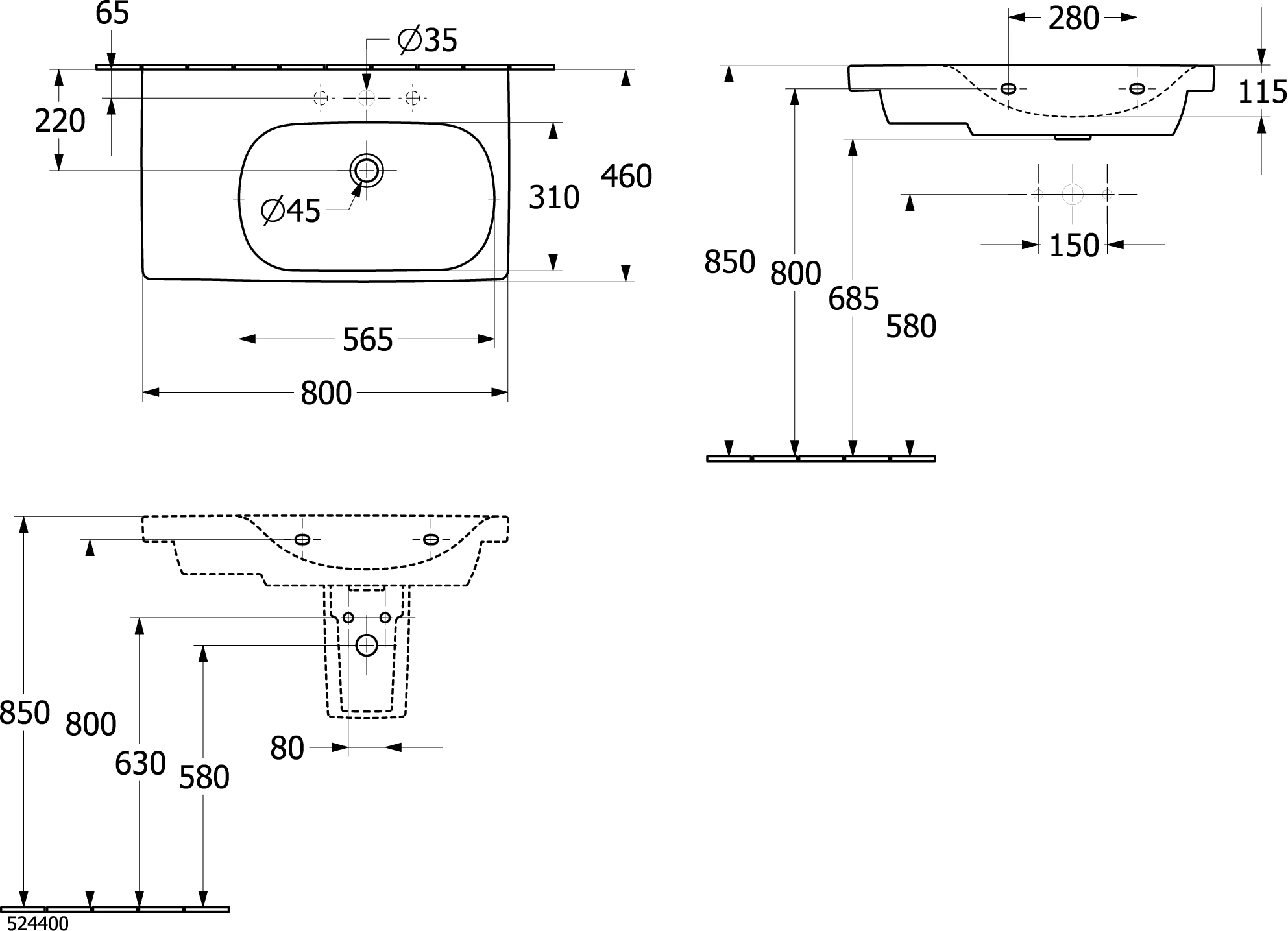 Villeroy & Boch Schrankwaschtisch Skyla 5A52R1, 800x460mm, Rechteck, Becken rechts, 1HL. mittleres Hahnloch durchgestochen, mit Überlauf, Weiß Alpin