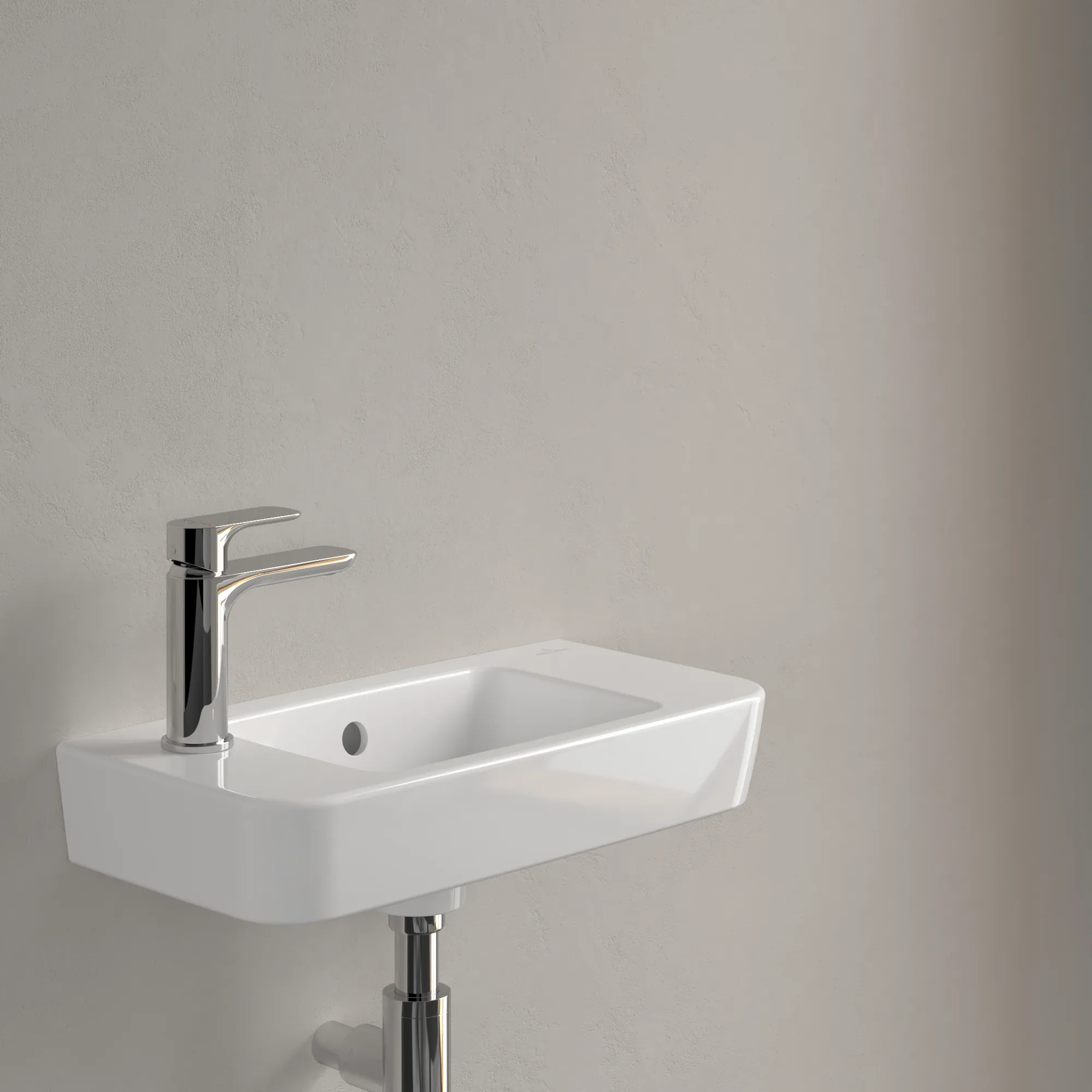 Villeroy & Boch Handwaschbecken „O.novo“ Compact 500 × 250 × 145 mm, für Becken mittig, mit Hahnlochbohrung, Hahnlochposition links in Weiß Alpin
