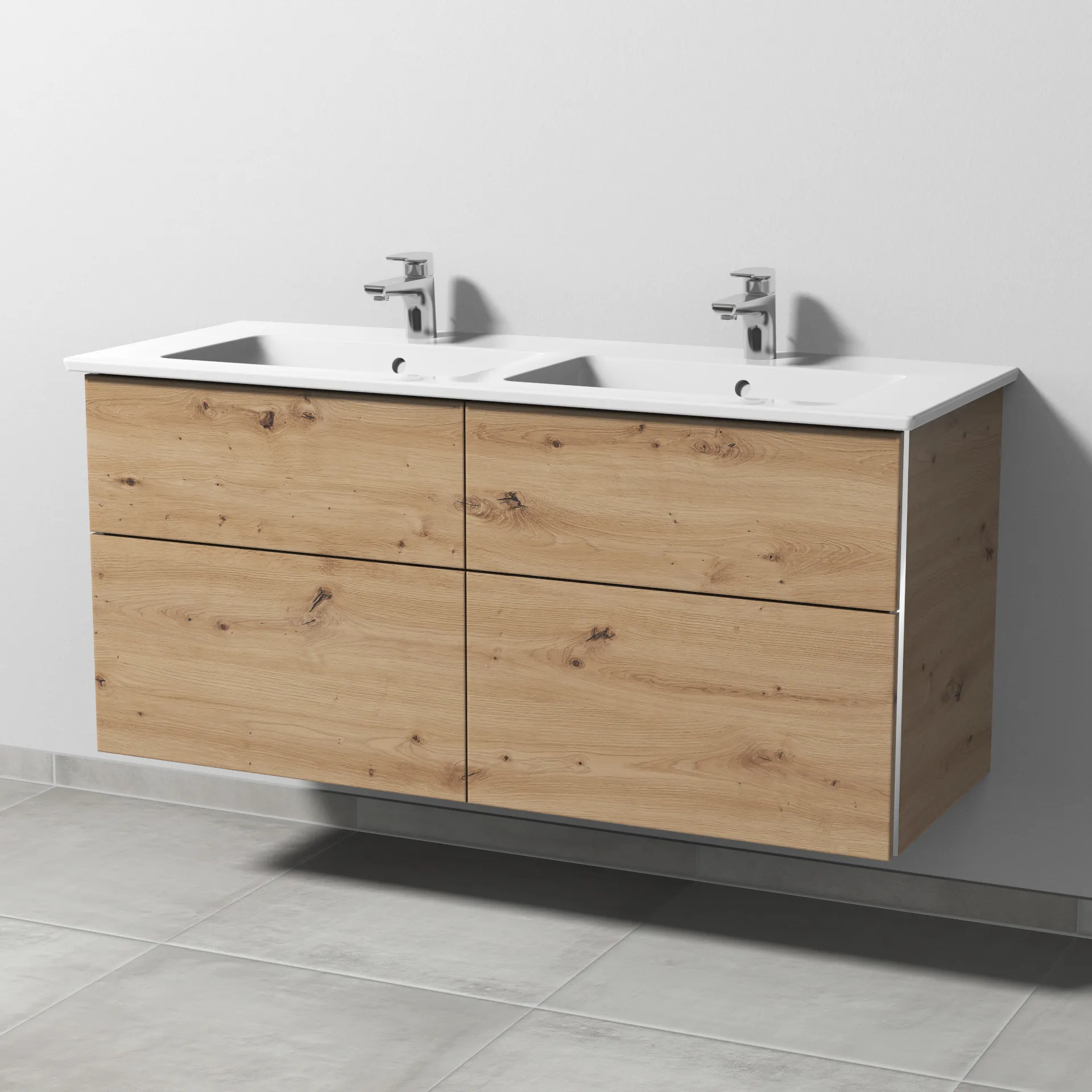 Sanipa Keramik-Waschtisch-Set mit Waschtischunterschrank „3way“ 125,5 × 47,7 × 59,1 cm in Eiche Natural-Touch, mittig