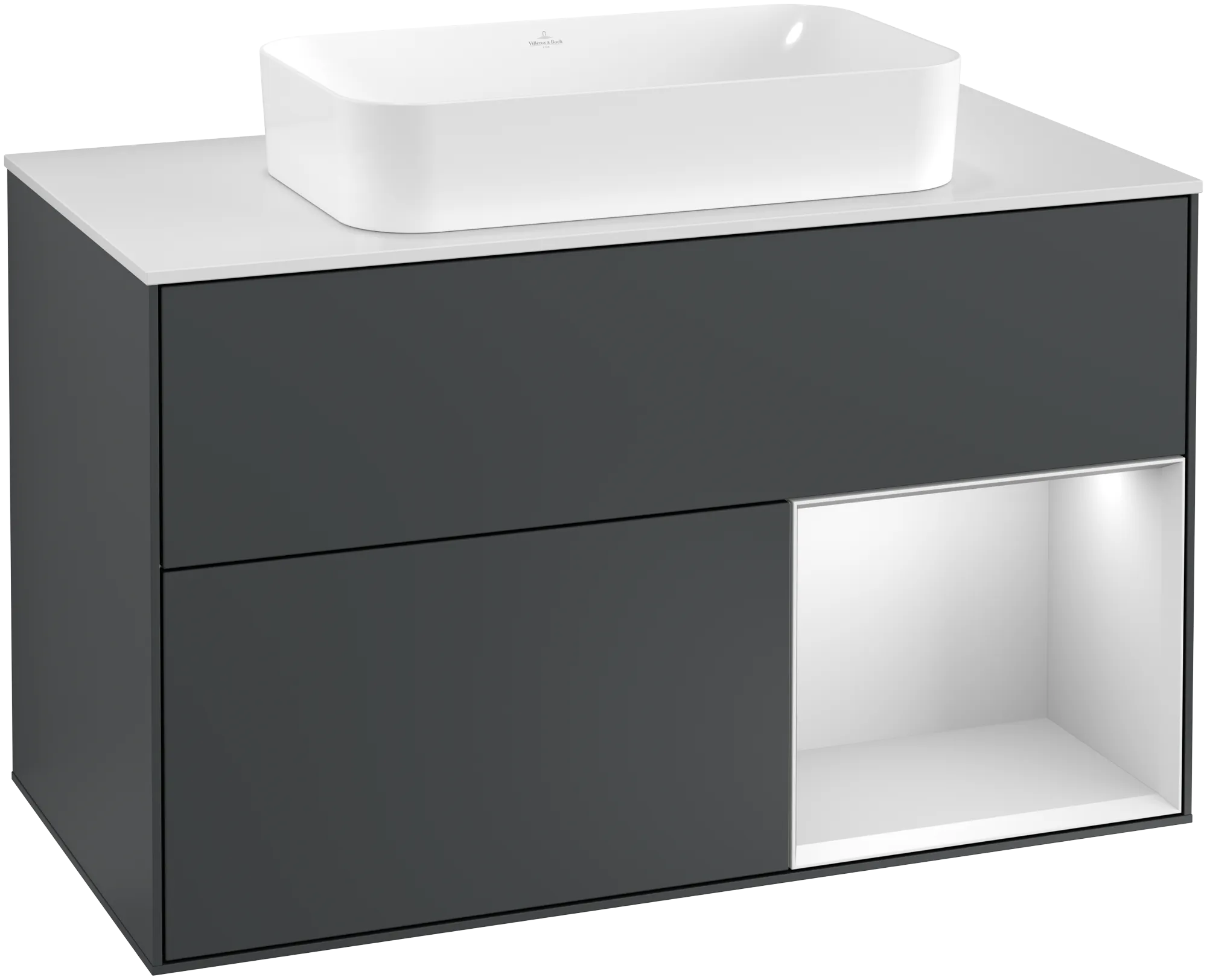 Villeroy & Boch Finion Waschbeckenunterschrank F25, 1000 x 603 x 501 mm, Midnight Blue Matt Lacquer / White Matt Lacquer / Glass White Matt