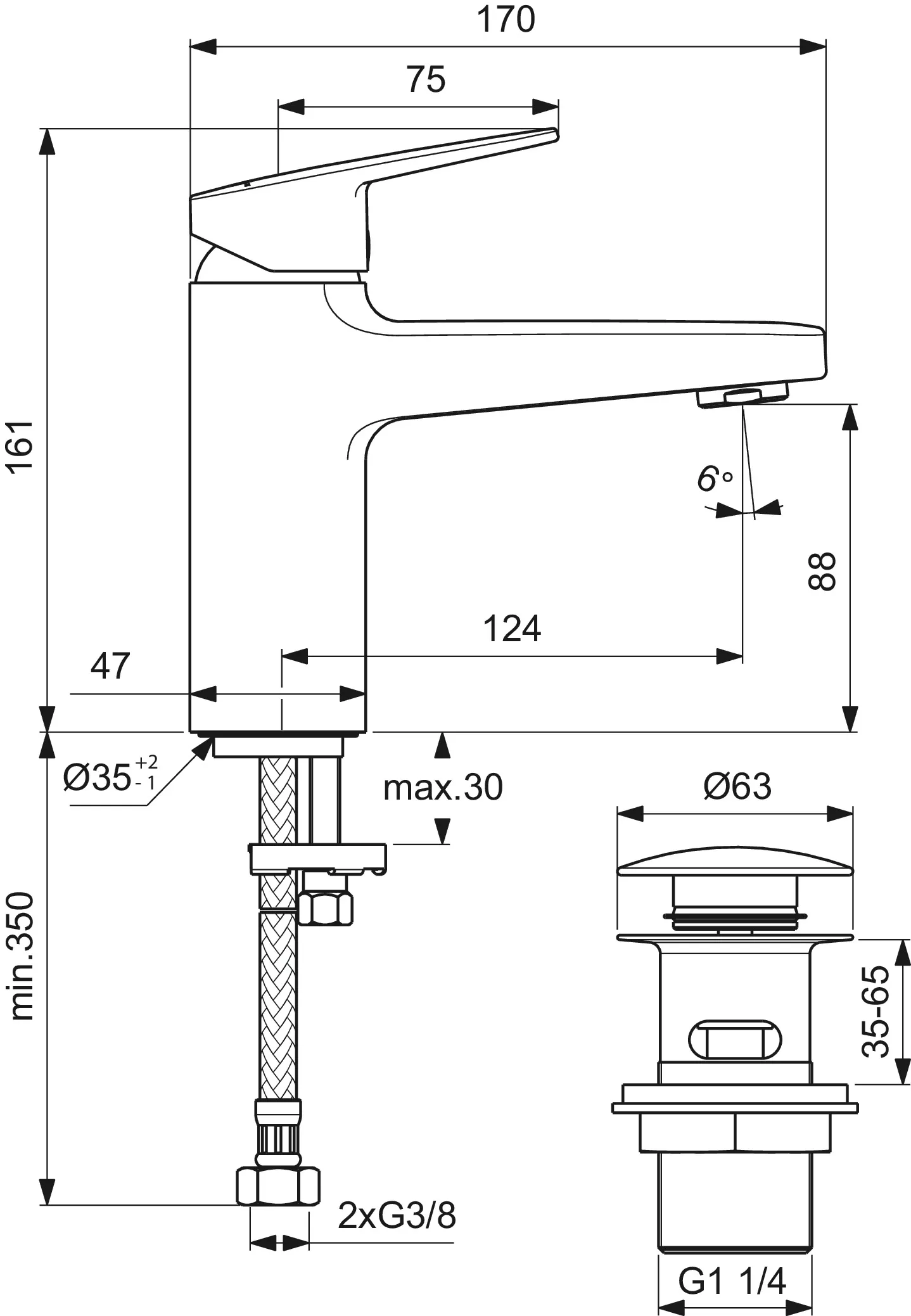 Waschtischarmatur Ceraplan H90 mit Push-Open Ausladung 124mm Chrom