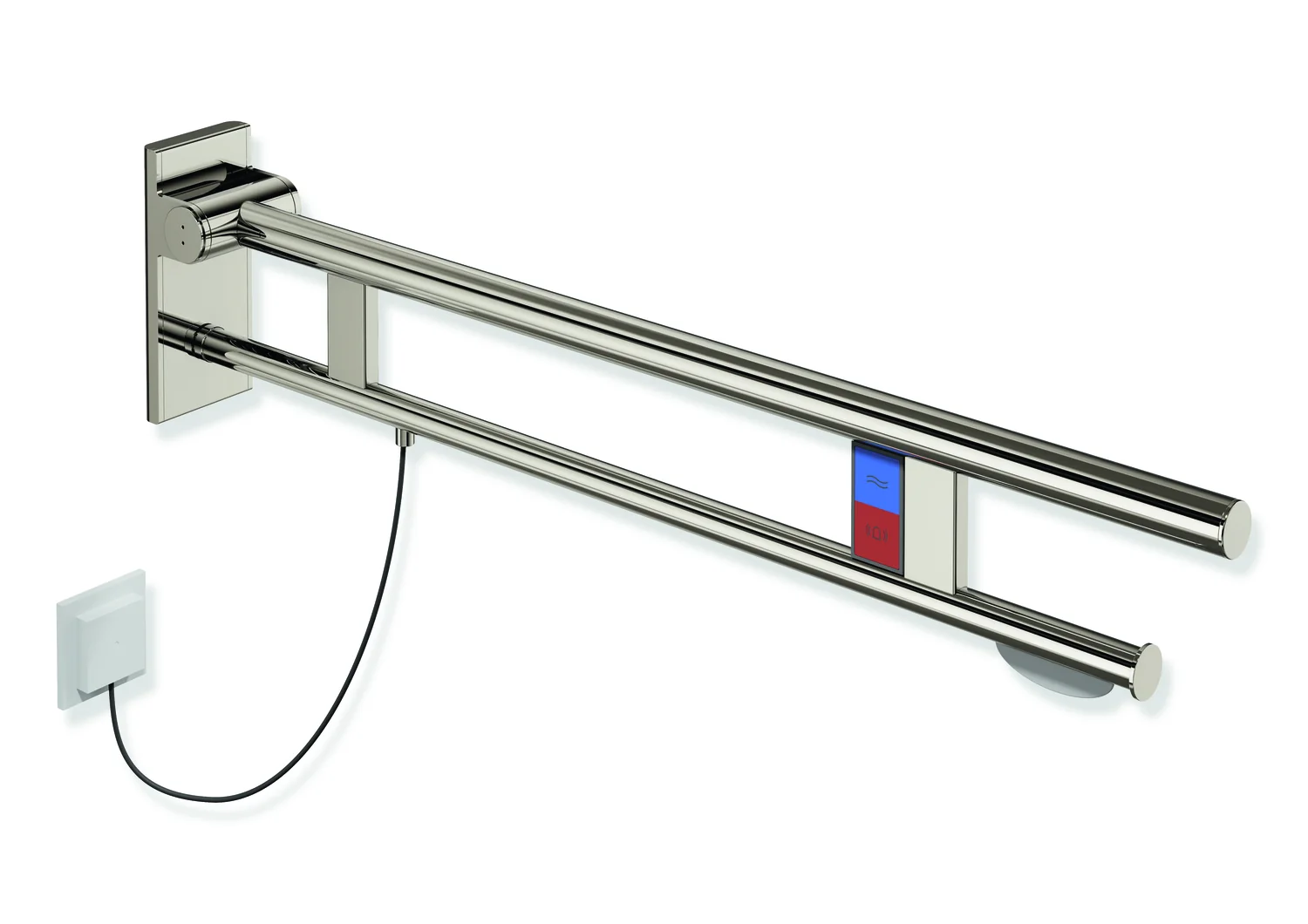 HEWI Stützklappgriff Duo System 900, Design A, Edelstahl PVD nickelglänzend, Ausladung 900 mm, mit WC-Papierhalter und Spül-/Funktionstasten (E-Ausführung), links HEWI Stützklappgriff Duo System 900, Design A, Edelstahl PVD nickelglänzend, Ausladung 900 mm, mit WC-Papierhalter und Spül-/Funktionstasten (E-Ausführung), links