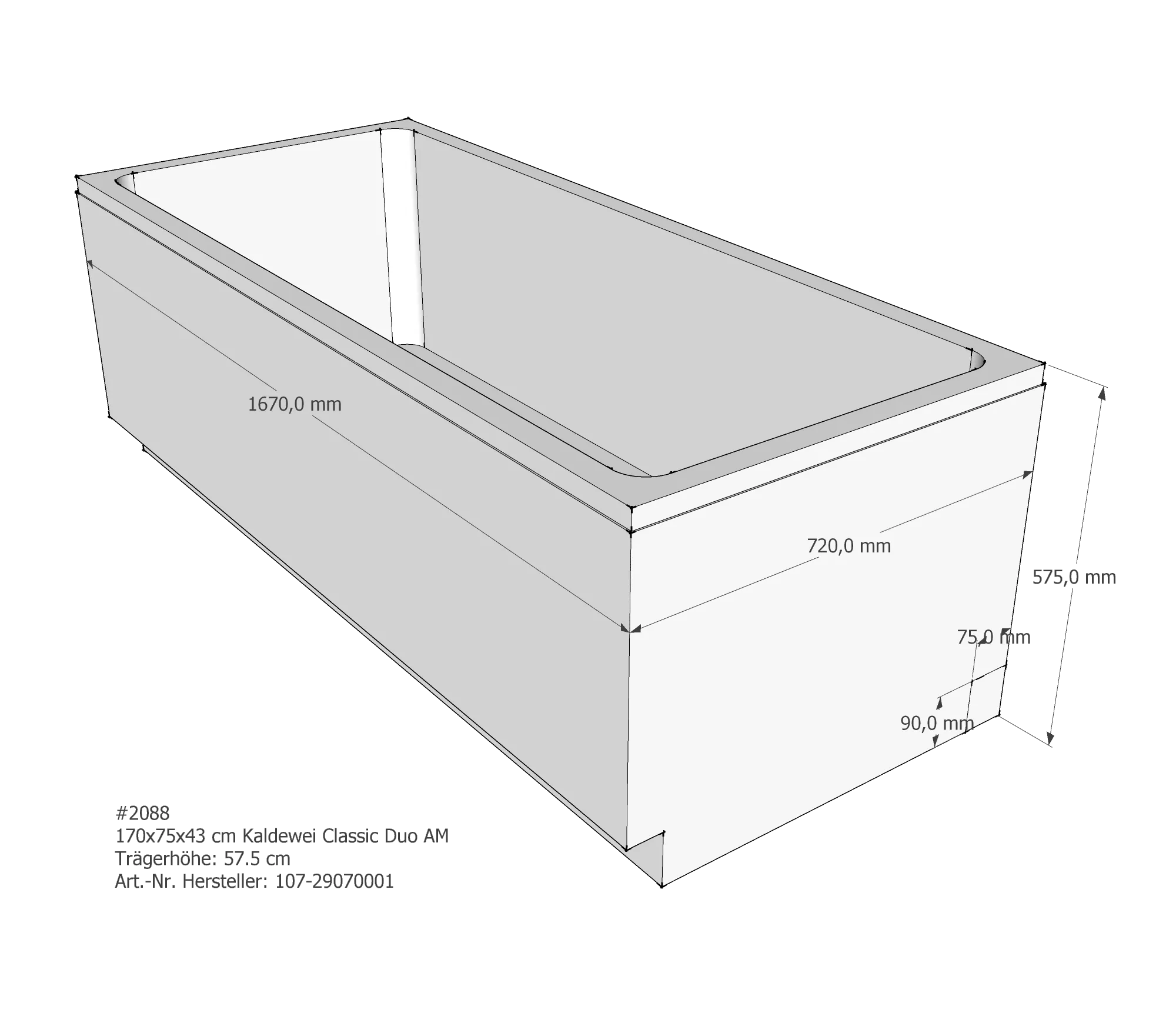 Badewannenträger für Kaldewei Classic Duo 170 × 75 × 43 cm Breite: 75 cm / Länge: 170 cm