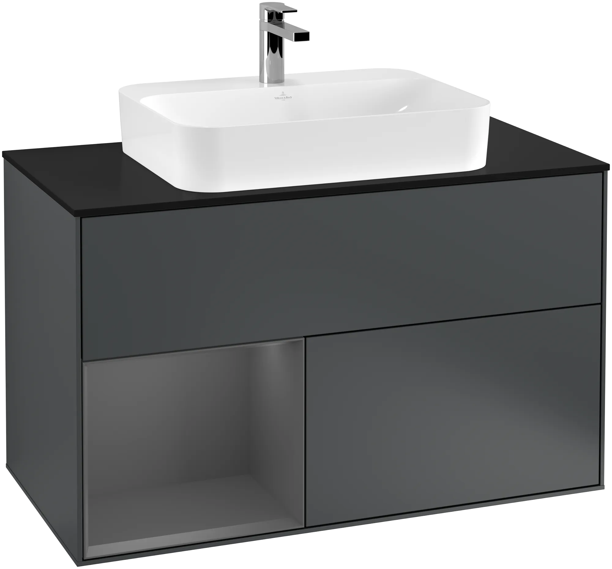 Villeroy & Boch Finion Waschbeckenunterschrank F36, 1000 x 603 x 501 mm, Midnight Blue Matt Lacquer / Anthracite Matt Lacquer / Glass Black Matt