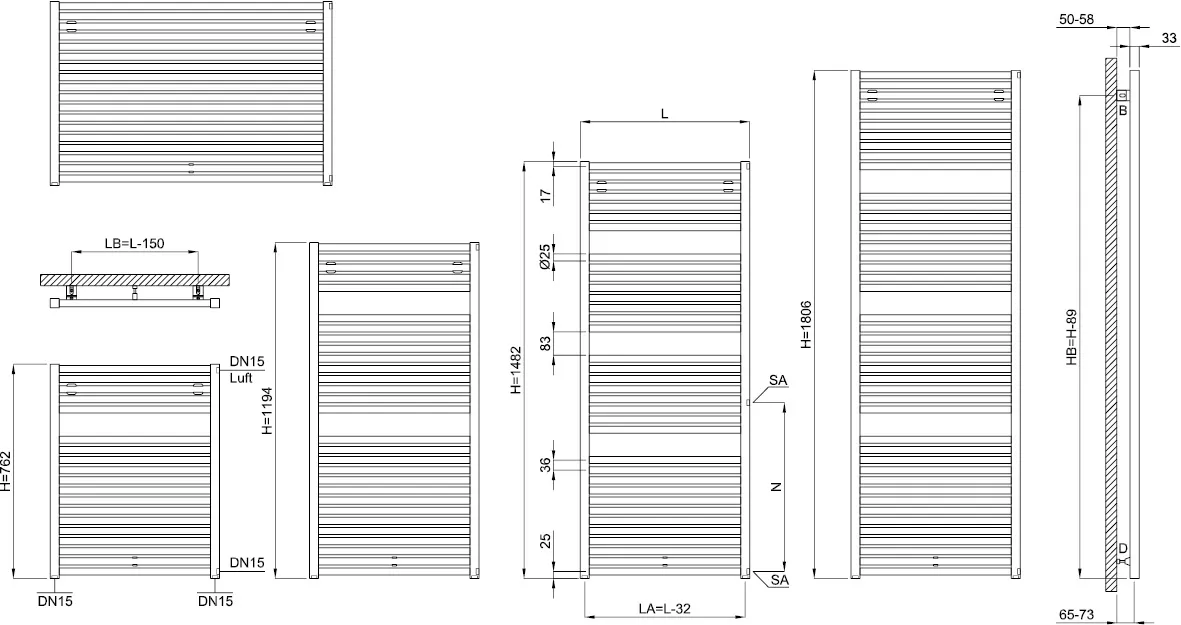 BEMM Design-Heizkörper „Rondo S“ 40 × 180,6 cm in Schwarz (RAL 9005)