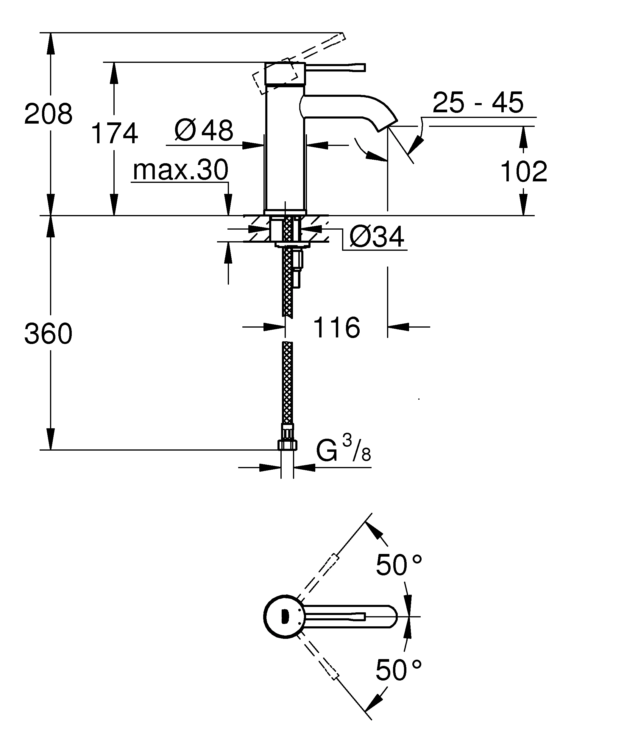 Einhand-Waschtischbatterie Essence 24172_1, S-Size, Einlochmontage, glatter Körper, Professional Edition, chrom