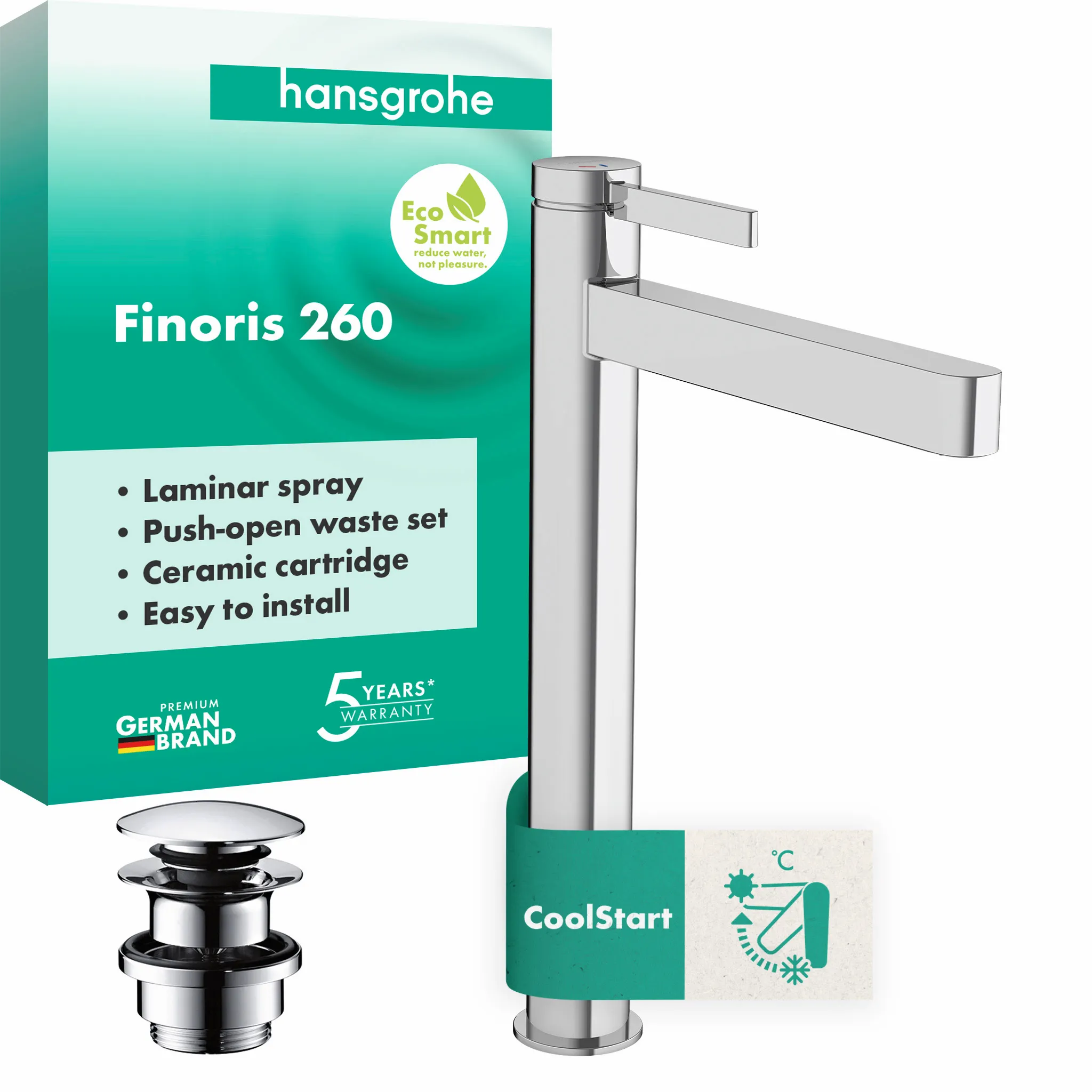 Finoris Einhebel-Waschtischmischer 260 CoolStart für Aufsatzwaschtische mit Push-Open Ablaufgarnitur, Chrom