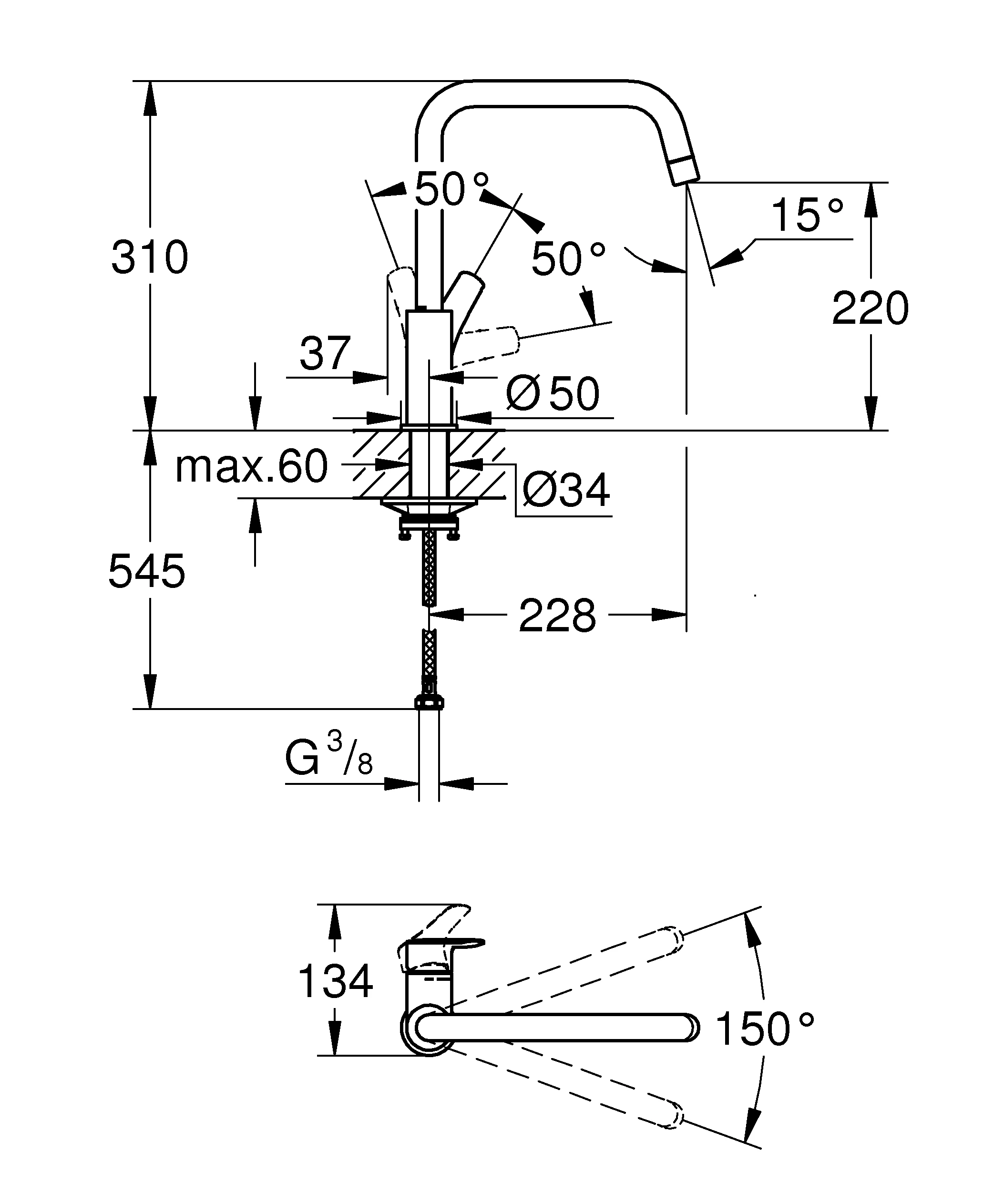 Einhand-Spültischbatterie Eurosmart 30567, hoher Auslauf, Einlochmontage, schwenkbarer Rohrauslauf, Schwenkbereich 150°, chrom