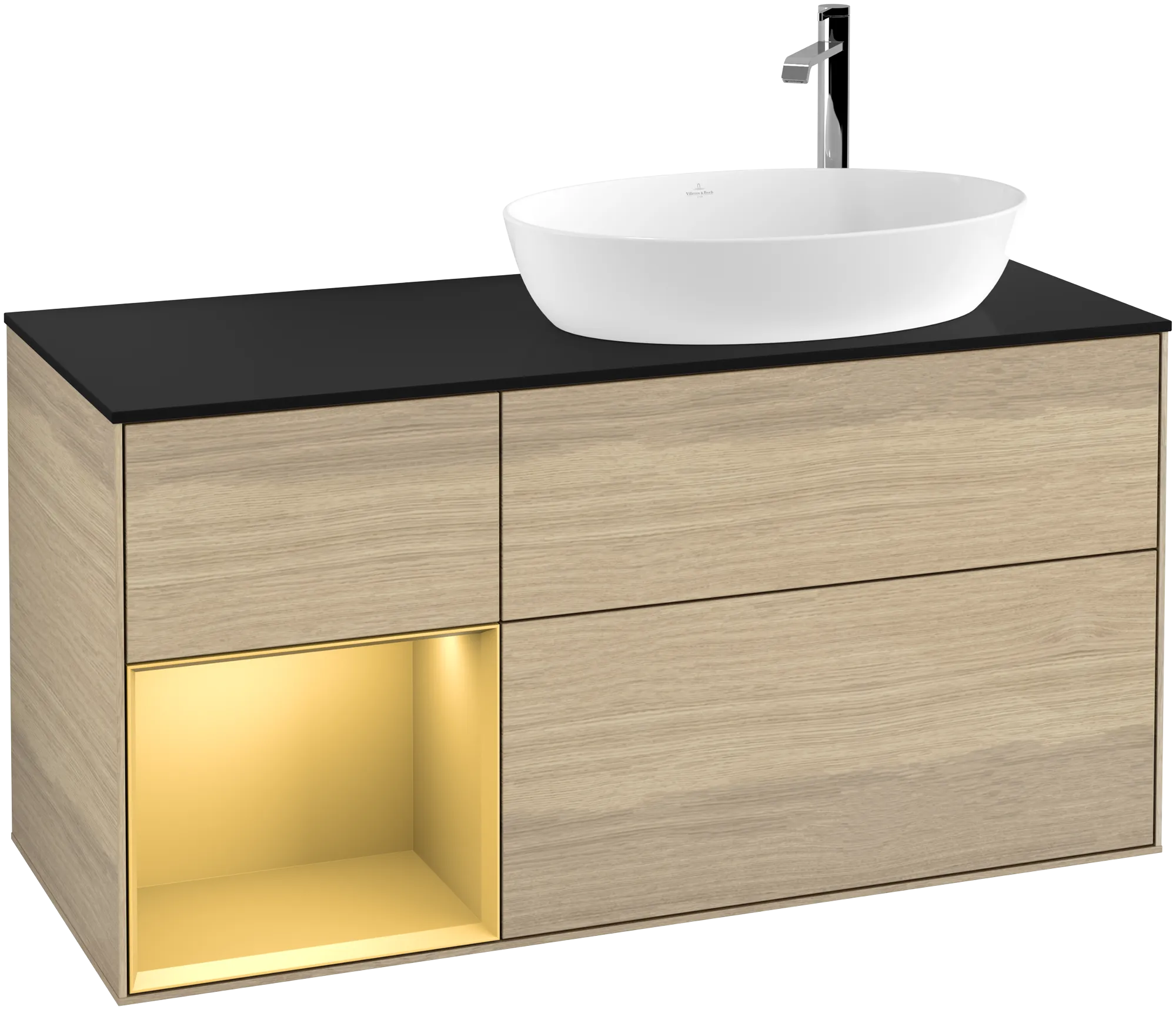 Villeroy & Boch Finion Waschbeckenunterschrank F92, 1200 x 603 x 501 mm, mit Beleuchtung, 3 Auszüge, Waschbecken rechts