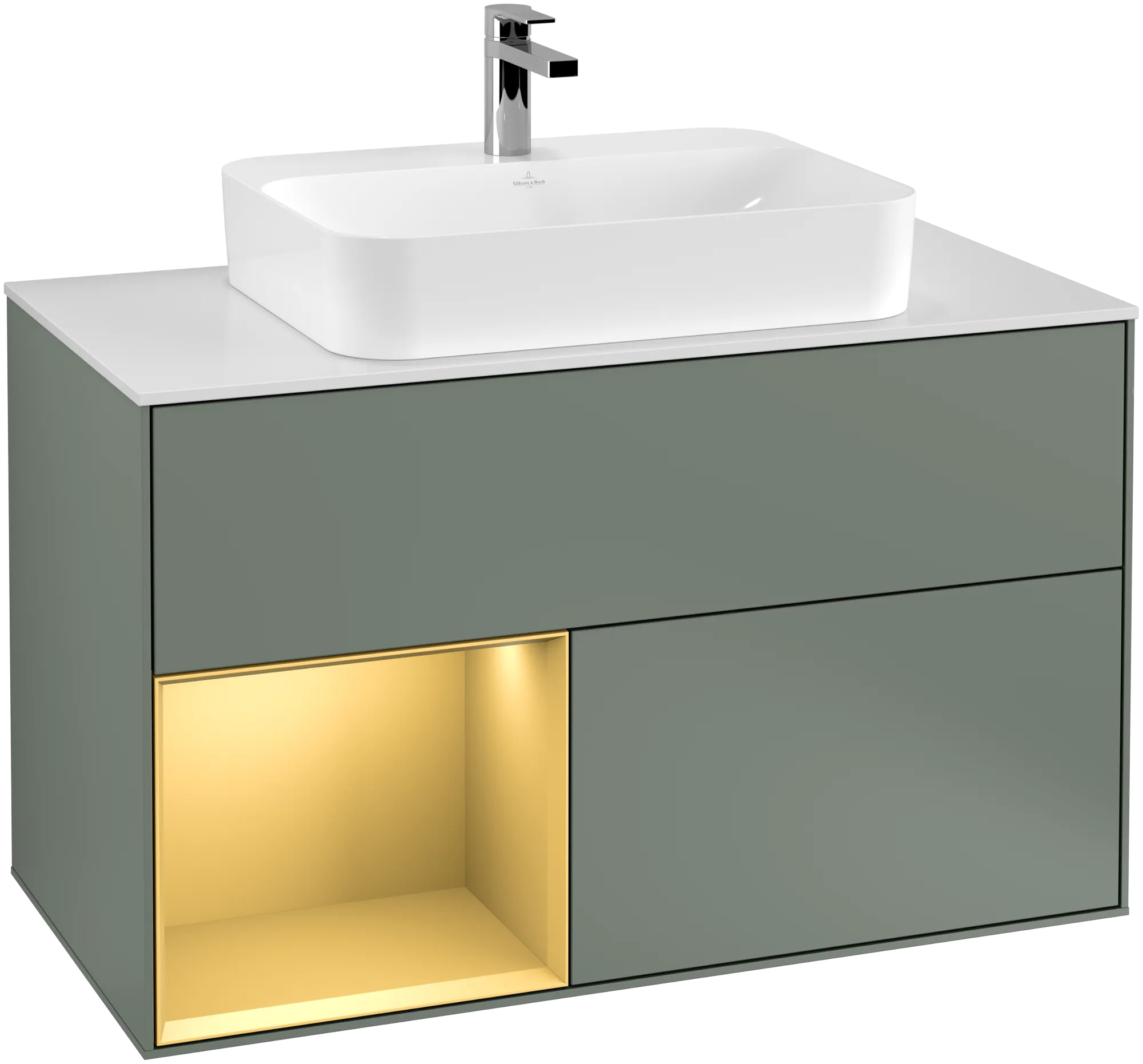Villeroy & Boch Finion Waschbeckenunterschrank G36 1000x603x501mm Olive Matt Lacquer / Gold Matt Lacquer / Glass White Matt