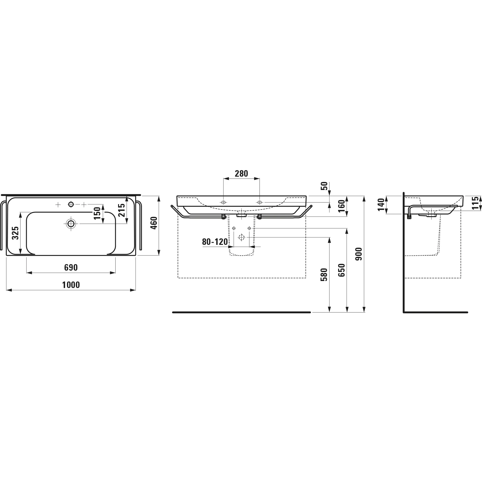 Waschtisch, MEDA, 460x1000x160, Ablage links und rechts, 1 Hahnloch mit Überlauf, weiß