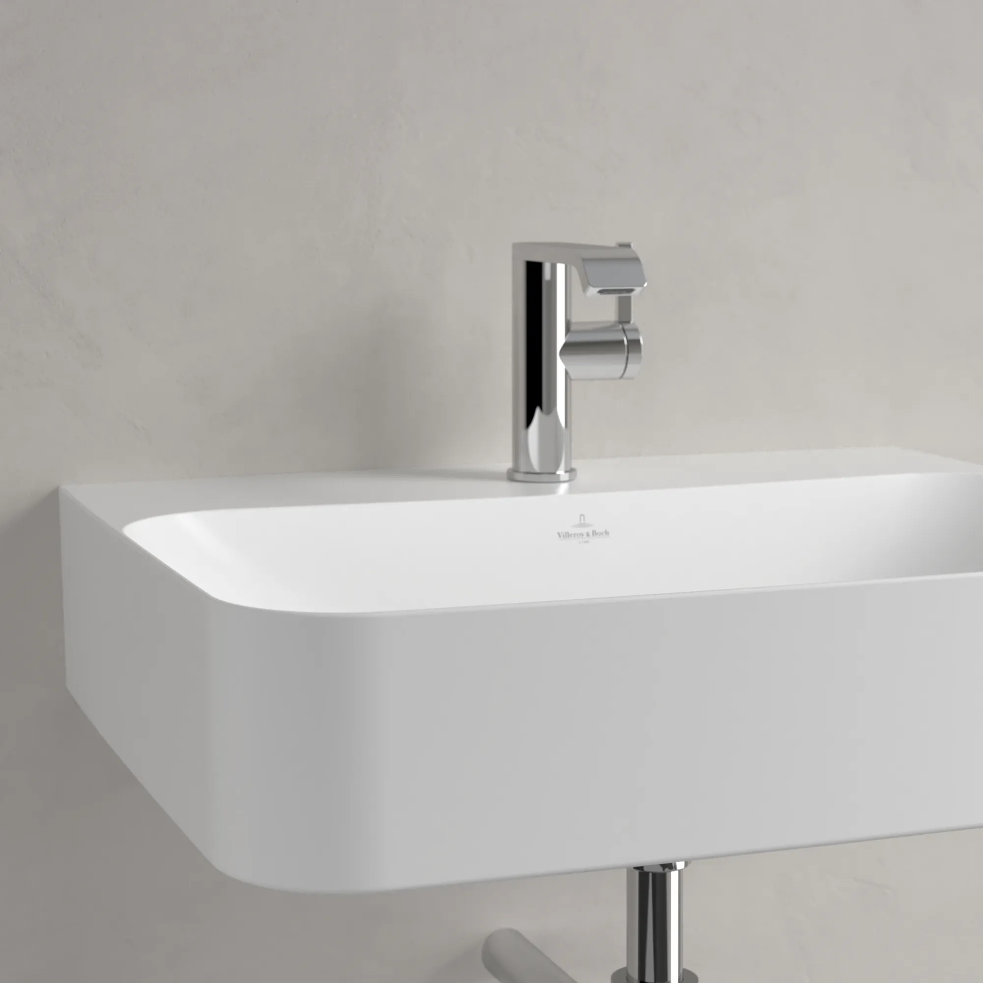 Villeroy & Boch Wandwaschtisch aus TitanCeram „Finion“ 600 × 470 × 164 mm, mit Hahnlochbohrung, Hahnlochposition mittig in Stone White, mit CeramicPlus