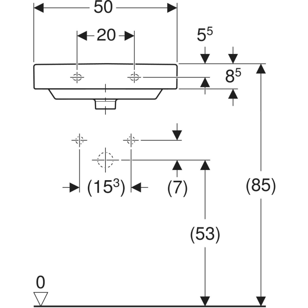 Wandwaschtisch „Smyle Square“, rechteckig, mit Überlauf, Hahnlochposition mittig 50 × 41 cm in weiß alpin