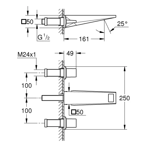 3-Loch-Waschtischbatterie Allure Brilliant 20628, Wandmontage, Fertigmontageset für 29 025 002, Ausladung 161 mm, chrom 3-Loch-Waschtischbatterie Allure Brilliant 20628, Wandmontage, Fertigmontageset für 29 025 002, Ausladung 161 mm, chrom