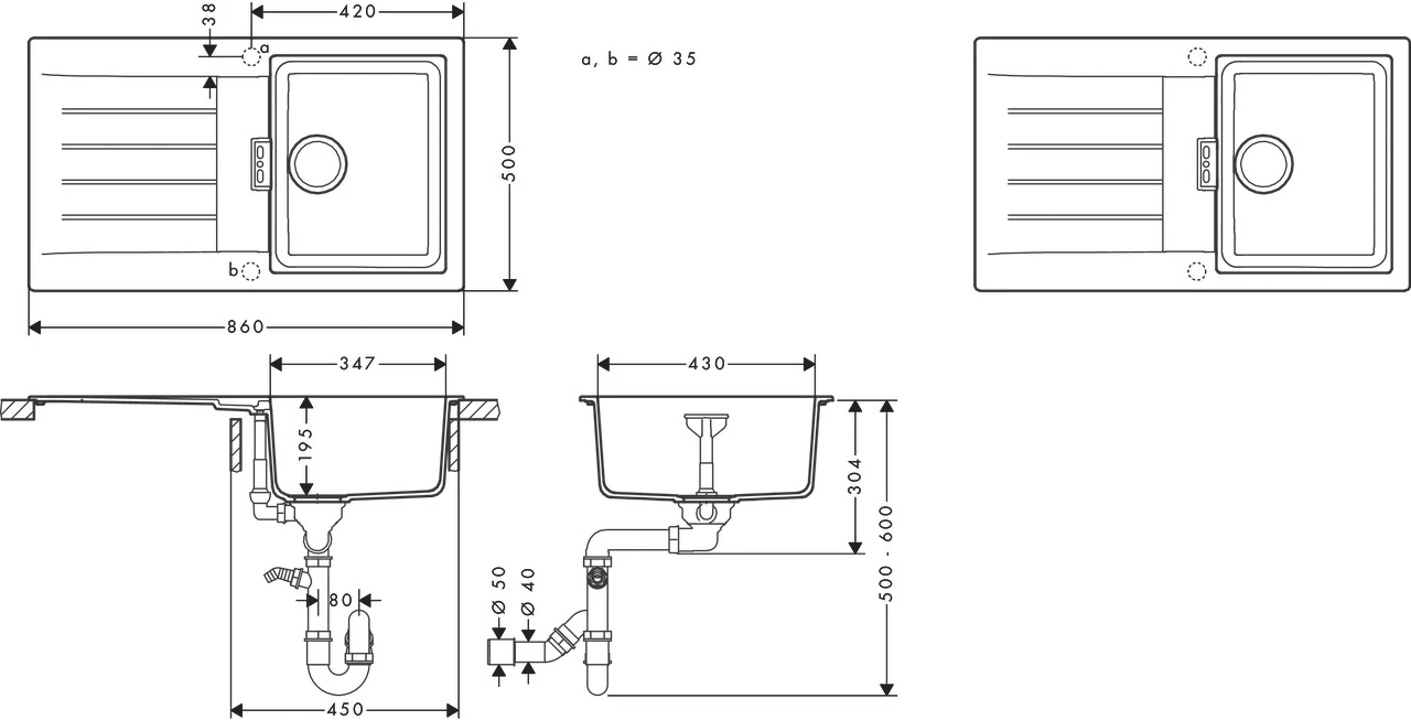 S52 S520-F345 Einbauspüle mit automatischer Ablaufgarnitur Graphitschwarz