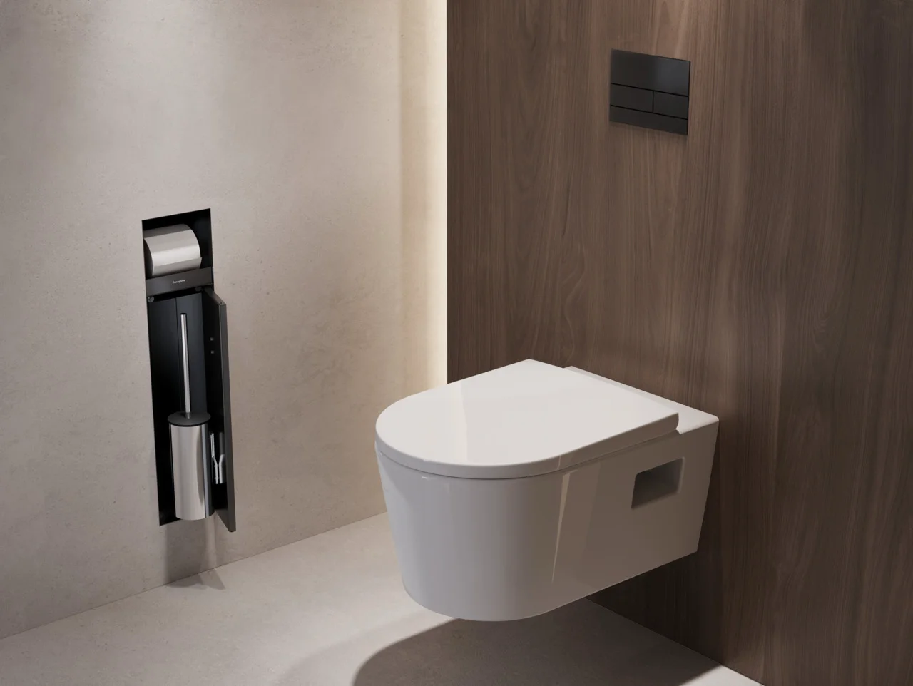 Hansgrohe XtraStoris Rock Einbau Toilettenbürstenhalter mit befliesbarer Tür, mattschwarz, 140 mm Einbautiefe