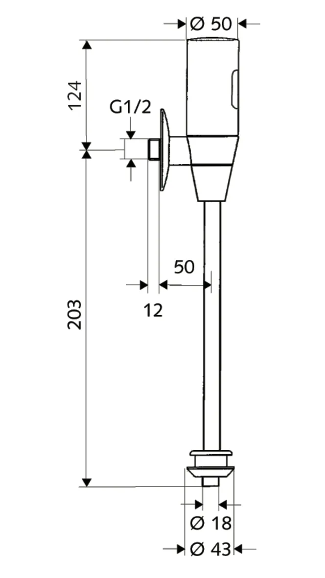 Infrarot-Aufputz-Urinal-Druckspüler TRONIC, DN 15, Aufputz-Urinal-Druckspüler, Vorabsperrung, Spülstrom 0,3 l/s, DN 15 G 1/2 AG, Innenverbinder Ø 43 mm (Spülrohr Ø 18 mm), chrom