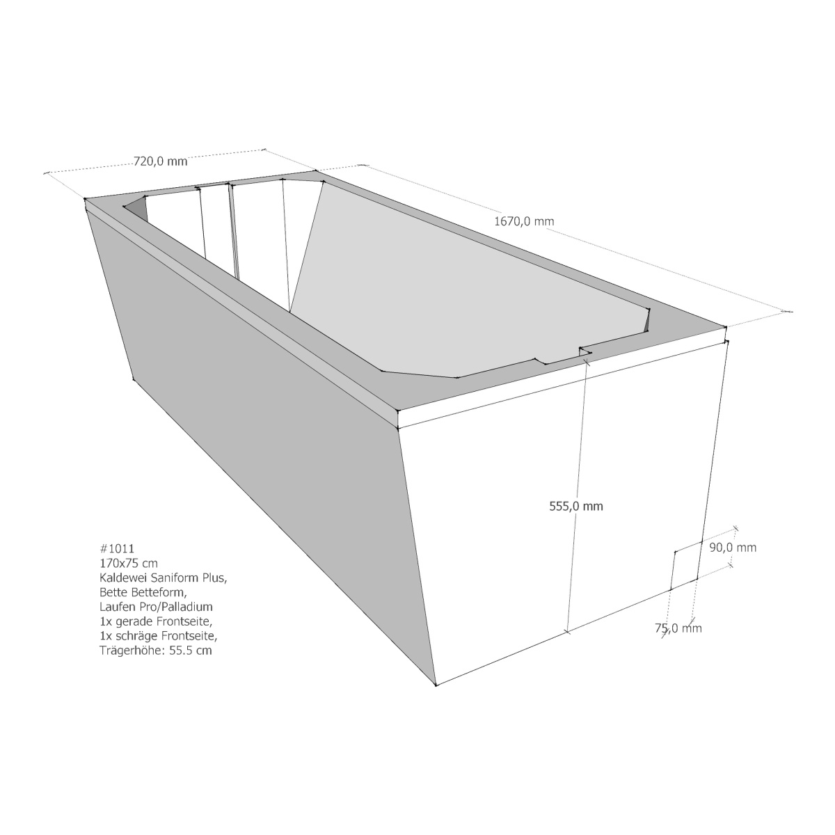 Badewanne inkl. Wannenträger und Kaldewei Ablaufgarnitur Comfort-Level 170 × 75 cm, ,, ,