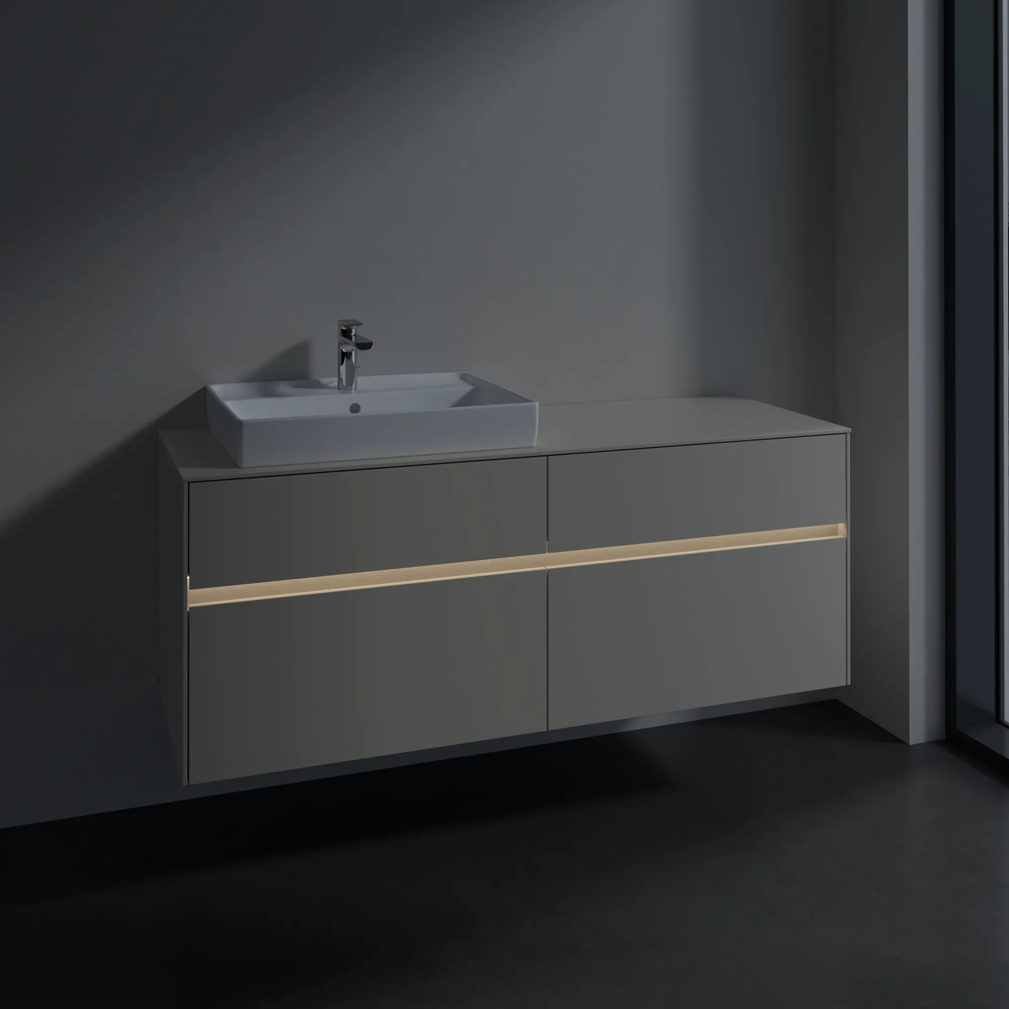 Villeroy & Boch Waschtischunterschrank „Collaro“ 1400 × 548 × 500 mm Cashmere Grey, mit Beleuchtung, für Becken links