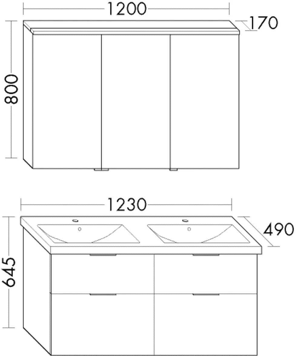 burgbad Badmöbelset Keramik-Waschtisch inkl. Waschtischunterschrank und Spiegelschrank „Eqio“ 123 × 62 × 17 cm Stangengriff, Chrom, Eiche Dekor Urban (Melamin)