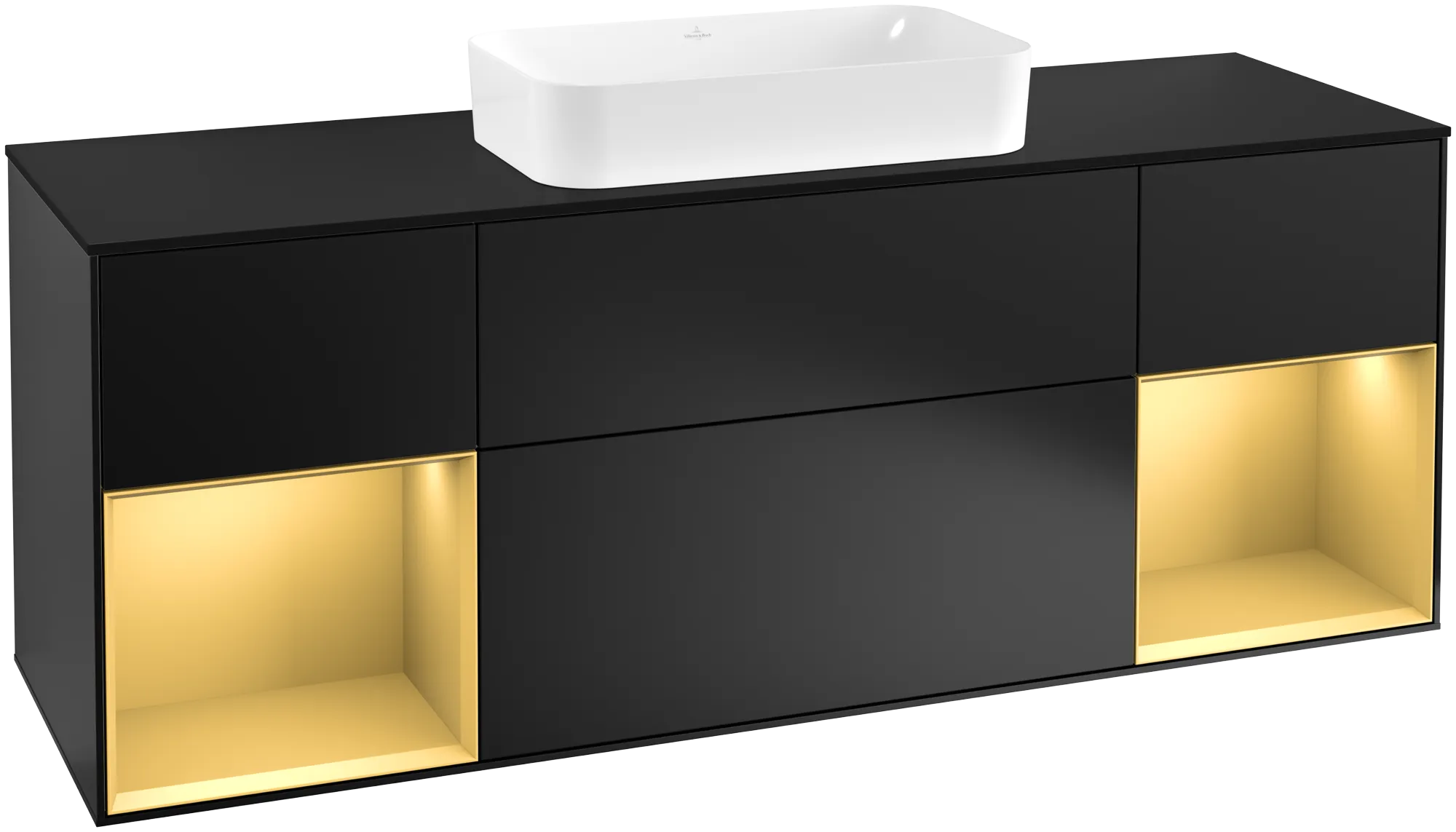 Villeroy & Boch Finion Waschbeckenunterschrank F33, 1600x603x501mm, Black Matt Lacquer / Gold Matt Lacquer / Glass Black Matt