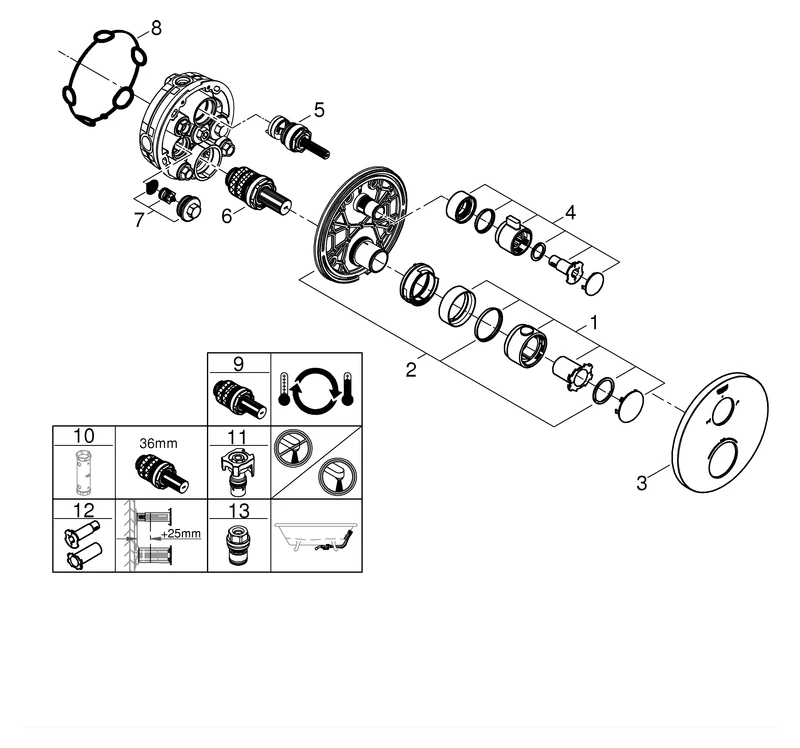 Thermostat-Wannenbatterie Grohtherm 24077, mit integrierter 2-Wege-Umstellung, Fertigmontageset für Rapido SmartBox, chrom