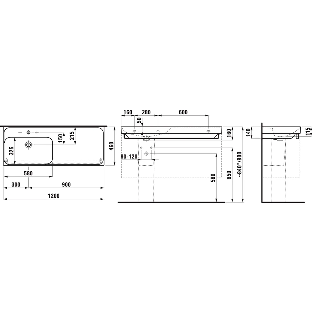 Waschtisch MEDA 460x1200x160 Ablage rechts 1 Hahnloch mit Überlauf Weiß