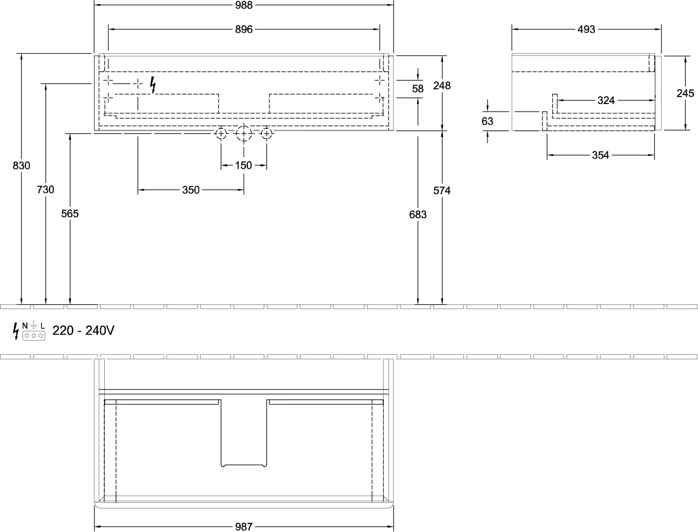 Villeroy & Boch Waschtischunterschrank für Schrankwaschtisch „Antao“ 988 × 256 × 493 mm Silk Grey Matt Lacquer, ohne Hahnlochbohrung, für Becken mittig, ohne Beleuchtung