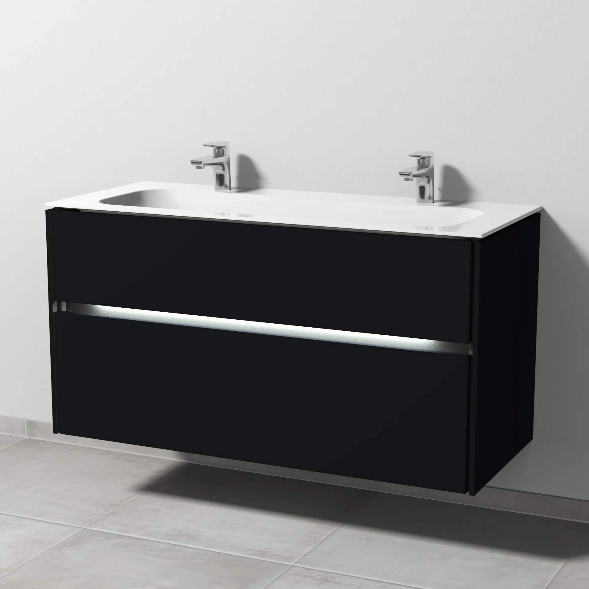 Keramik-Waschtisch-Set mit Waschtischunterschrank „Twiga“ 119 × 50 × 61 cm in Schwarz (matt), mit Hahnlochbohrung, mit Beleuchtung Keramik-Waschtisch-Set mit Waschtischunterschrank „Twiga“ 119 × 50 × 61 cm in Schwarz (matt), mit Hahnlochbohrung, mit Beleuchtung