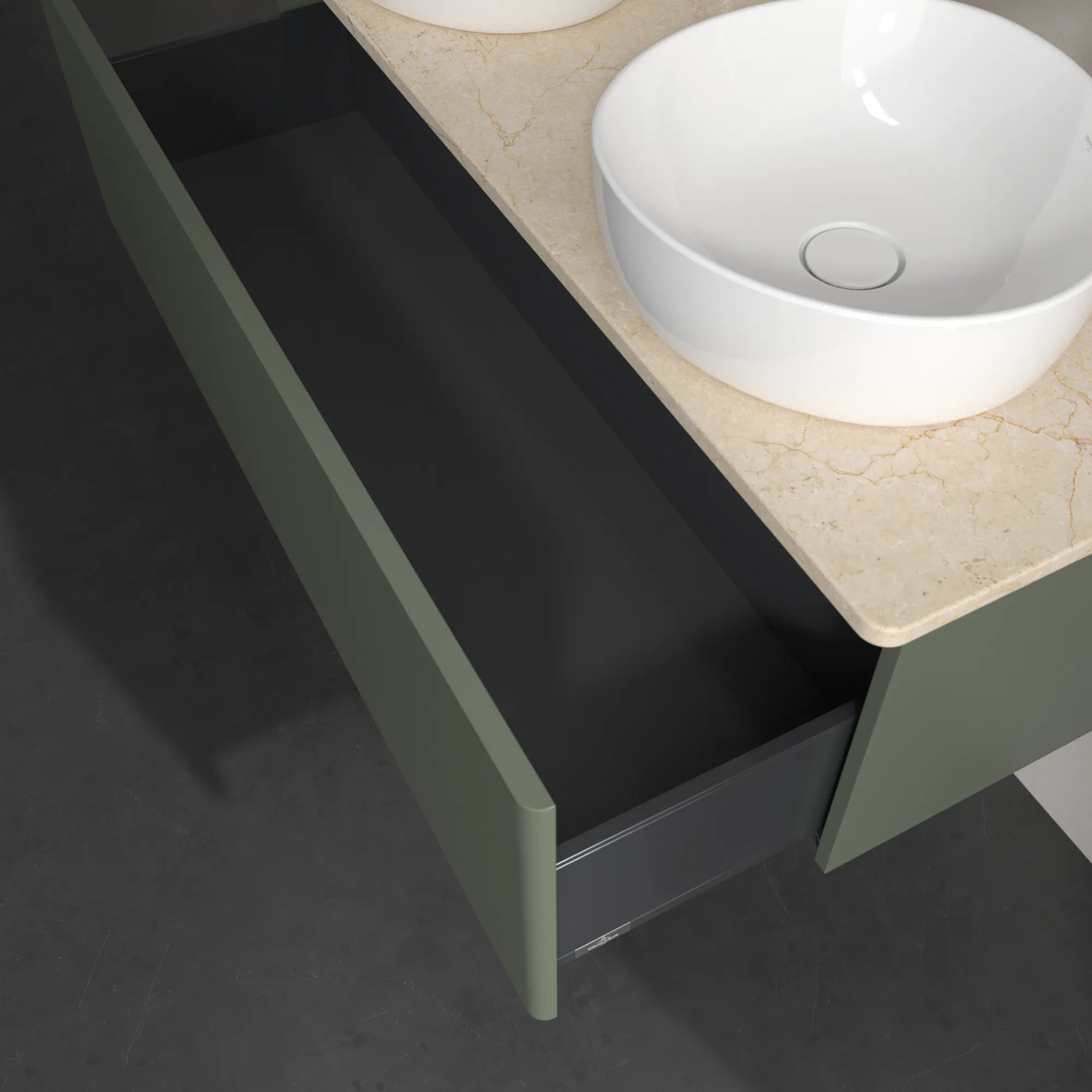 Villeroy & Boch Waschtischunterschrank „Antao“ 1200 × 360 × 500 mm Leaf Green Matt Lacquer, für links und rechts, ohne Beleuchtung Villeroy & Boch Waschtischunterschrank „Antao“ 1200 × 360 × 500 mm Leaf Green Matt Lacquer, für links und rechts, ohne Beleuchtung