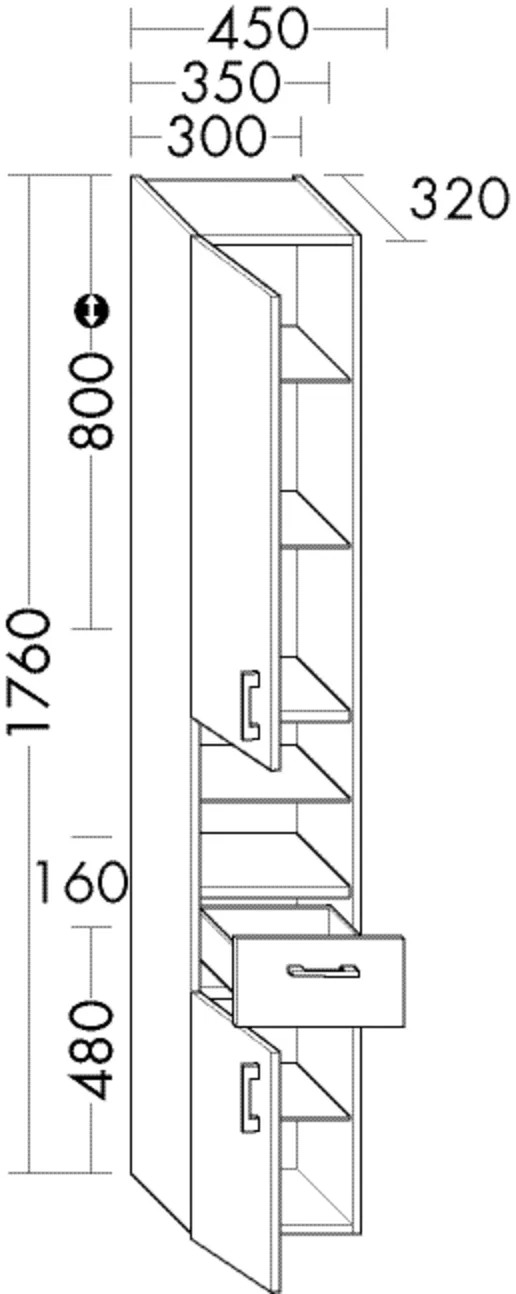 Hochschrank, 2 Türen;1 Schublade;4 Glaseinlegeböden;2 feste Böden, Tiefe: 320 mm, Breite: 300 mm, Höhe: 1760 mm