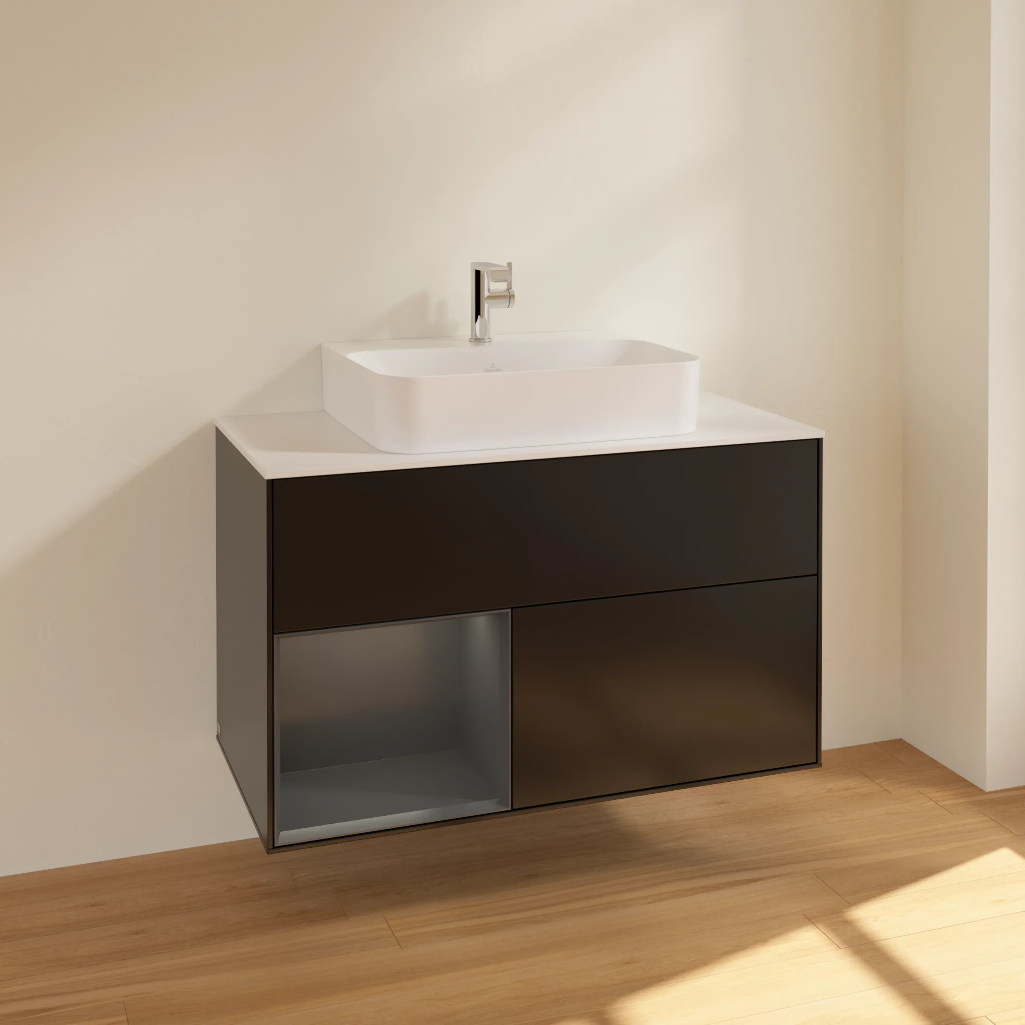 Villeroy & Boch Waschbeckenunterschrank Finion F11, 1000x603x501 mm, Black Matt Lacquer / Midnight Blue Matt Lacquer, mit Beleuchtung und Push-to-open Funktion Villeroy & Boch Waschbeckenunterschrank Finion F11, 1000x603x501 mm, Black Matt Lacquer / Midnight Blue Matt Lacquer, mit Beleuchtung und Push-to-open Funktion