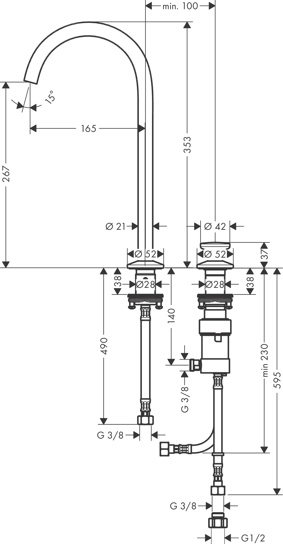 Hansgrohe AXOR One 2-Loch Waschtischmischer Select 260 mit Push-Open Ablaufgarnitur Chrom, Ausladung 165 mm, Auslaufhöhe 267 mm Hansgrohe AXOR One 2-Loch Waschtischmischer Select 260 mit Push-Open Ablaufgarnitur Chrom, Ausladung 165 mm, Auslaufhöhe 267 mm