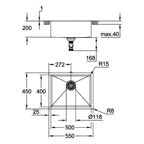 Grohe K700U Edelstahlspüle Unterbau, Modell: K700U 60-S 54,4⁄44,4 1.0, hard graphite gebürstet Grohe K700U Edelstahlspüle Unterbau, Modell: K700U 60-S 54,4⁄44,4 1.0, hard graphite gebürstet