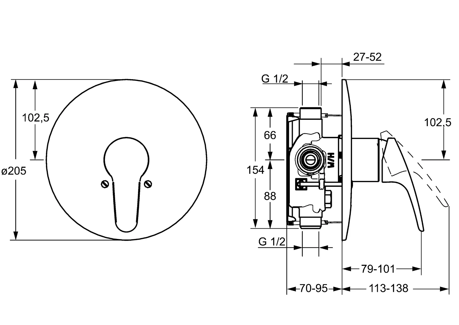 HansaMIX Duscharmatur, Einhebelmischer Fertigmontageset für Brausebatterie 0185 Rosette rund Chrom