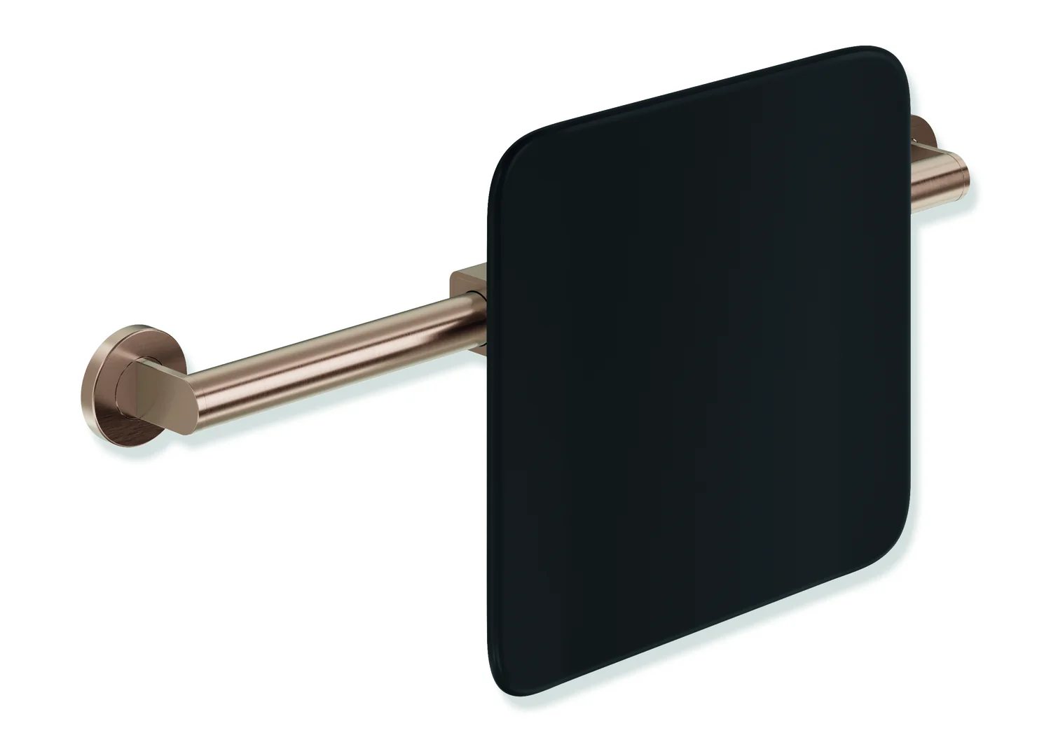 HEWI Rückensitz System 900, PVD beschichtet, Kupfer gebürstet, Wandmontage, Achsmaß 582–682 mm, Tiefe 150 mm, Lehne schwarz