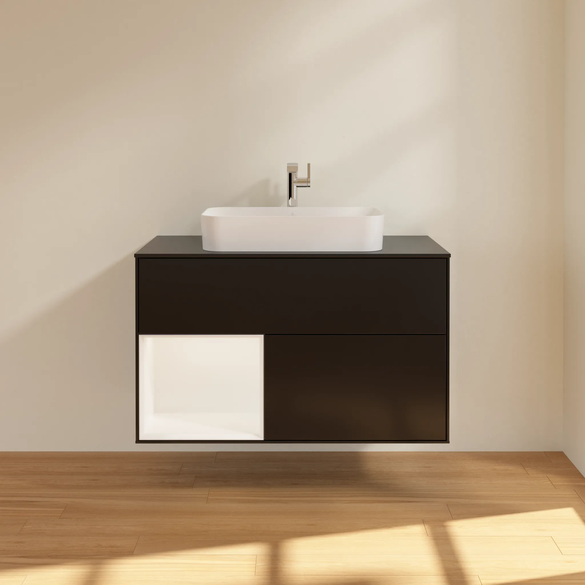 Villeroy & Boch Waschbeckenunterschrank Finion F24, 1000 x 603 x 501 mm, Black Matt Lacquer, mit Beleuchtung und Push-to-open Funktion